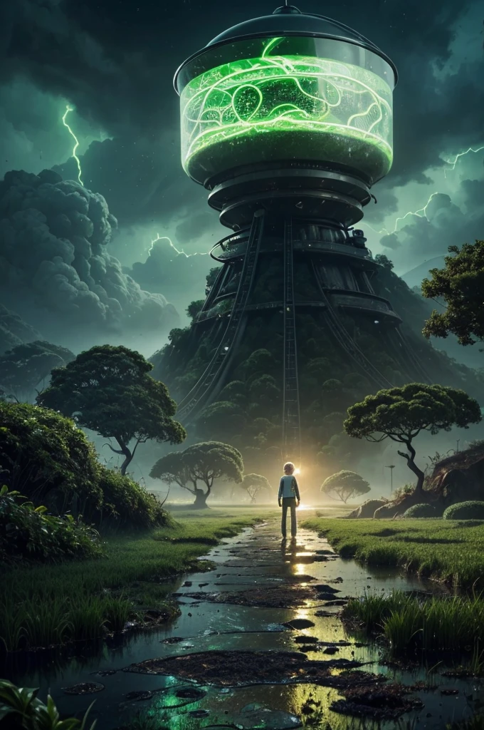 Rick and Morty emerge from an energy portal into a Rice Paddy. Rick, a middle-aged man with messy hair, wears a lab coat and looks bored and drunk. He holds a flask in one hand and takes a shot half-heartedly. Morty, a young boy with messy brown hair, is panicking, with wide-eyed expressions on his face. The scene is filled with slimy tentacles, slowly moving towards Rick and Morty from all directions. These tentacles are greenish and covered with gooey slime, adding a sense of danger and suspense to the atmosphere. The Rice Paddy is surrounded by lush green fields, with tall stalks swaying gently in the breeze. The artwork is created using a digital medium, with a realistic and photorealistic look. The details are extremely intricate, capturing the expressions on Rick and Morty's faces, the texture of the tentacles, and the vibrant green colors of the rice fields. The lighting is vibrant and vivid, illuminating the scene with a surreal glow. The overall style of the artwork is a mix of sci-fi and horror, with elements of both genres blending seamlessly. The color tone is predominantly green, with hints of blue and purple to create an otherworldly feeling. The lighting casts dramatic shadows, enhancing the mysterious and thrilling atmosphere. (best quality,4k,8k,highres,masterpiece:1.2),ultra-detailed,(realistic,photorealistic,photo-realistic:1.37), HDR, UHD, studio lighting, ultra-fine painting, sharp focus, physically-based rendering, extreme detail description, professional, vivid colors, bokeh, portraits, sci-fi, horror.