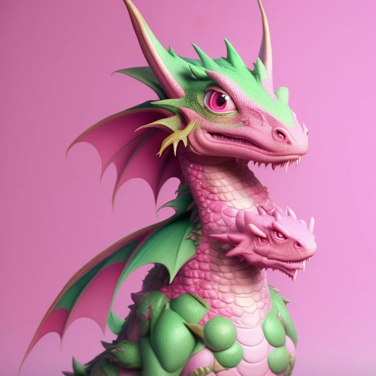 There is a pink and green dragon，horned，pink background, Cute little dragon, as an anthropomorphic dragon, Plush dragon, anthropomorphic dragon, Pixar’s cute character designs, cute numbers, but as an anthropomorphic dragon, Lovely 3D rendering, pink iconic character, Delaron, Color zbrush rendering