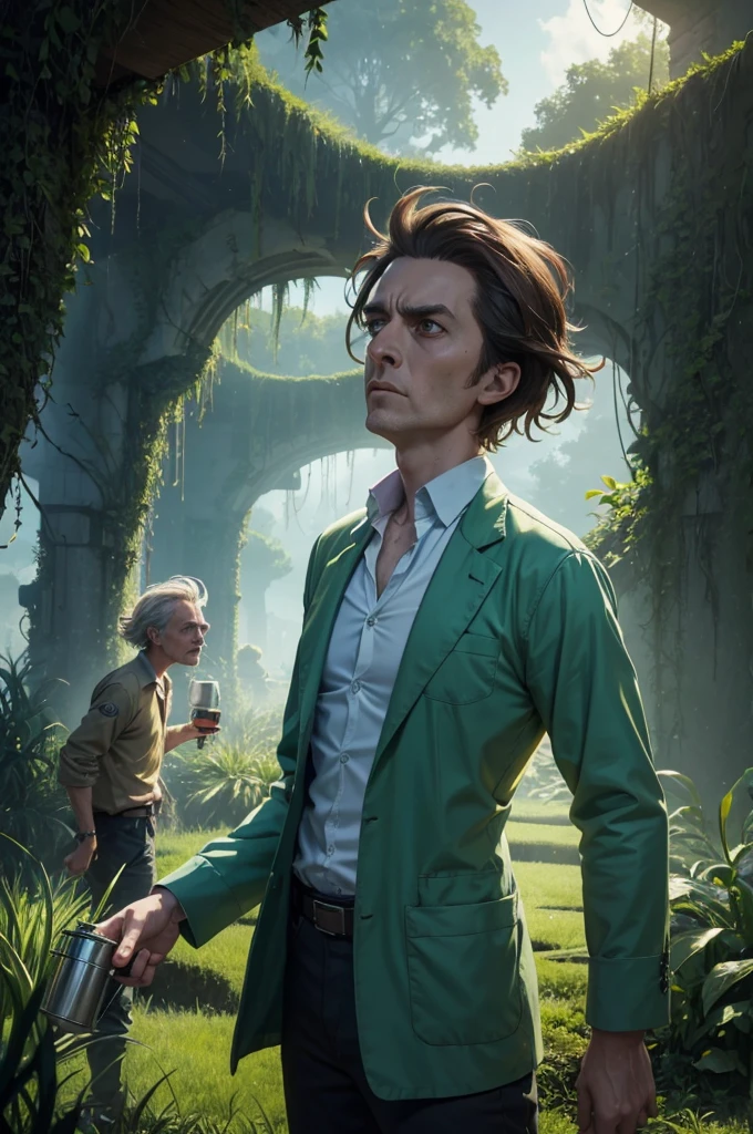 Rick and Morty emerge from an energy portal into a Rice Paddy. Rick, a middle-aged man with messy hair, wears a lab coat and looks bored and drunk. He holds a flask in one hand and takes a shot half-heartedly. Morty, a young boy with messy brown hair, is panicking, with wide-eyed expressions on his face. The scene is filled with slimy tentacles, slowly moving towards Rick and Morty from all directions. These tentacles are greenish and covered with gooey slime, adding a sense of danger and suspense to the atmosphere. The Rice Paddy is surrounded by lush green fields, with tall stalks swaying gently in the breeze. The artwork is created using a digital medium, with a realistic and photorealistic look. The details are extremely intricate, capturing the expressions on Rick and Morty's faces, the texture of the tentacles, and the vibrant green colors of the rice fields. The lighting is vibrant and vivid, illuminating the scene with a surreal glow. The overall style of the artwork is a mix of sci-fi and horror, with elements of both genres blending seamlessly. The color tone is predominantly green, with hints of blue and purple to create an otherworldly feeling. The lighting casts dramatic shadows, enhancing the mysterious and thrilling atmosphere. (best quality,4k,8k,highres,masterpiece:1.2),ultra-detailed,(realistic,photorealistic,photo-realistic:1.37), HDR, UHD, studio lighting, ultra-fine painting, sharp focus, physically-based rendering, extreme detail description, professional, vivid colors, bokeh, portraits, sci-fi, horror.