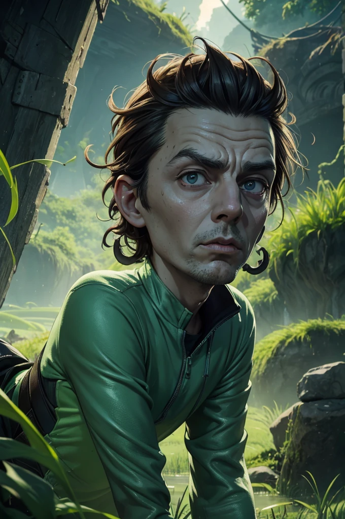 Rick and Morty emerge from an energy portal into a Rice Paddy. Rick, a middle-aged man with messy hair, wears a lab coat and looks bored and drunk. He holds a flask in one hand and takes a shot half-heartedly. Morty, a young boy with messy brown hair, is panicking, with wide-eyed expressions on his face. The scene is filled with slimy tentacles, slowly moving towards Rick and Morty from all directions. These tentacles are greenish and covered with gooey slime, adding a sense of danger and suspense to the atmosphere. The Rice Paddy is surrounded by lush green fields, with tall stalks swaying gently in the breeze. The artwork is created using a digital medium, with a realistic and photorealistic look. The details are extremely intricate, capturing the expressions on Rick and Morty's faces, the texture of the tentacles, and the vibrant green colors of the rice fields. The lighting is vibrant and vivid, illuminating the scene with a surreal glow. The overall style of the artwork is a mix of sci-fi and horror, with elements of both genres blending seamlessly. The color tone is predominantly green, with hints of blue and purple to create an otherworldly feeling. The lighting casts dramatic shadows, enhancing the mysterious and thrilling atmosphere. (best quality,4k,8k,highres,masterpiece:1.2),ultra-detailed,(realistic,photorealistic,photo-realistic:1.37), HDR, UHD, studio lighting, ultra-fine painting, sharp focus, physically-based rendering, extreme detail description, professional, vivid colors, bokeh, portraits, sci-fi, horror.