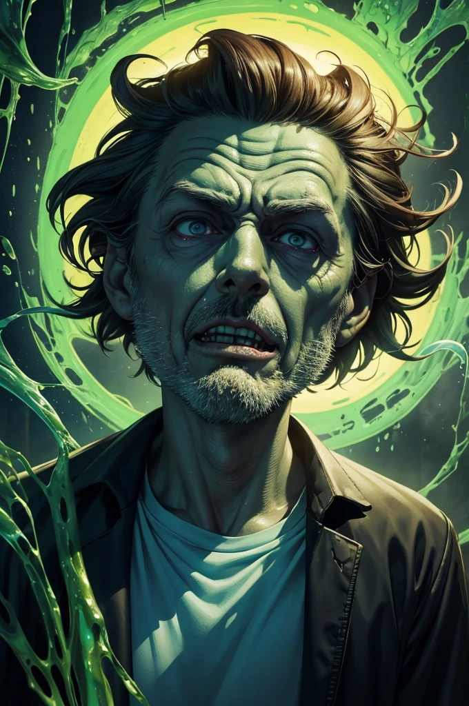 Rick and Morty emerge from an energy portal into a Rice Paddy. Rick, a middle-aged man with messy hair, wears a lab coat and looks bored and drunk. He holds a flask in one hand and takes a shot half-heartedly. Morty, a young boy with messy brown hair, is panicking, with wide-eyed expressions on his face. The scene is filled with slimy tentacles, slowly moving towards Rick and Morty from all directions. These tentacles are greenish and covered with gooey slime, adding a sense of danger and suspense to the atmosphere. The Rice Paddy is surrounded by lush green fields, with tall stalks swaying gently in the breeze. The artwork is created using a digital medium, with a realistic and photorealistic look. The details are extremely intricate, capturing the expressions on Rick and Morty's faces, the texture of the tentacles, and the vibrant green colors of the rice fields. The lighting is vibrant and vivid, illuminating the scene with a surreal glow. The overall style of the artwork is a mix of sci-fi and horror, with elements of both genres blending seamlessly. The color tone is predominantly green, with hints of blue and purple to create an otherworldly feeling. The lighting casts dramatic shadows, enhancing the mysterious and thrilling atmosphere. (best quality,4k,8k,highres,masterpiece:1.2),ultra-detailed,(realistic,photorealistic,photo-realistic:1.37), HDR, UHD, studio lighting, ultra-fine painting, sharp focus, physically-based rendering, extreme detail description, professional, vivid colors, bokeh, portraits, sci-fi, horror.