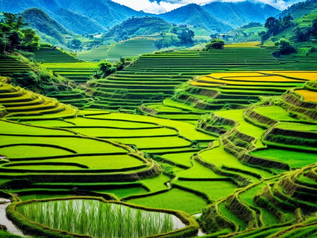 rice paddy, Peaceful rural scenery, terraced fields