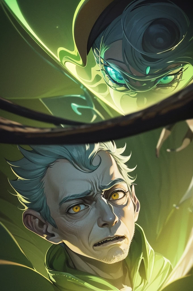 Rick and Morty emerge from an energy portal into a Rice Paddy. Rick, a middle-aged man with messy hair, wears a lab coat and looks bored and drunk. He holds a flask in one hand and takes a shot half-heartedly. Morty, a young boy with messy brown hair, is panicking, with wide-eyed expressions on his face. The scene is filled with slimy tentacles, slowly moving towards Rick and Morty from all directions. These tentacles are greenish and covered with gooey slime, adding a sense of danger and suspense to the atmosphere. The Rice Paddy is surrounded by lush green fields, with tall stalks swaying gently in the breeze. The artwork is created using a digital medium, with a realistic and photorealistic look. The details are extremely intricate, capturing the expressions on Rick and Morty's faces, the texture of the tentacles, and the vibrant green colors of the rice fields. The lighting is vibrant and vivid, illuminating the scene with a surreal glow. The overall style of the artwork is a mix of sci-fi and horror, with elements of both genres blending seamlessly. The color tone is predominantly green, with hints of blue and purple to create an otherworldly feeling. The lighting casts dramatic shadows, enhancing the mysterious and thrilling atmosphere. (best quality,4k,8k,highres,masterpiece:1.2),ultra-detailed,(realistic,photorealistic,photo-realistic:1.37), HDR, UHD, studio lighting, ultra-fine painting, sharp focus, physically-based rendering, extreme detail description, professional, vivid colors, bokeh, portraits, sci-fi, horror.