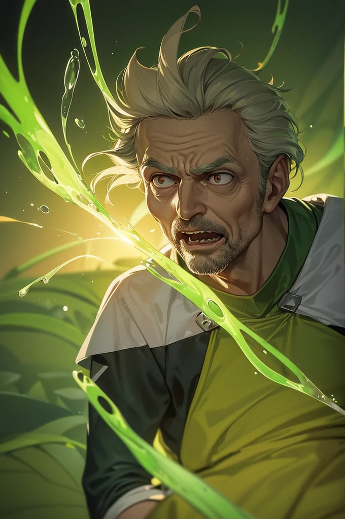 Rick and Morty emerge from an energy portal into a Rice Paddy. Rick, a middle-aged man with messy hair, wears a lab coat and looks bored and drunk. He holds a flask in one hand and takes a shot half-heartedly. Morty, a young boy with messy brown hair, is panicking, with wide-eyed expressions on his face. The scene is filled with slimy tentacles, slowly moving towards Rick and Morty from all directions. These tentacles are greenish and covered with gooey slime, adding a sense of danger and suspense to the atmosphere. The Rice Paddy is surrounded by lush green fields, with tall stalks swaying gently in the breeze. The artwork is created using a digital medium, with a realistic and photorealistic look. The details are extremely intricate, capturing the expressions on Rick and Morty's faces, the texture of the tentacles, and the vibrant green colors of the rice fields. The lighting is vibrant and vivid, illuminating the scene with a surreal glow. The overall style of the artwork is a mix of sci-fi and horror, with elements of both genres blending seamlessly. The color tone is predominantly green, with hints of blue and purple to create an otherworldly feeling. The lighting casts dramatic shadows, enhancing the mysterious and thrilling atmosphere. (best quality,4k,8k,highres,masterpiece:1.2),ultra-detailed,(realistic,photorealistic,photo-realistic:1.37), HDR, UHD, studio lighting, ultra-fine painting, sharp focus, physically-based rendering, extreme detail description, professional, vivid colors, bokeh, portraits, sci-fi, horror.