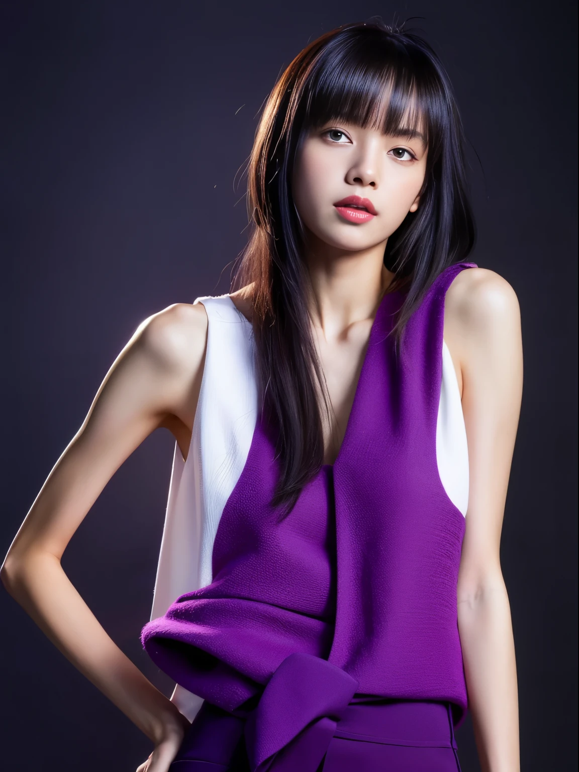 Lisa light long hair, Lisa face shape, black vest, Sexy, Naked waist, bare shoulders, Purple yoga pants, long legs, background gray, masterpiece, superlative, actual, HD, photography lighting, 16k