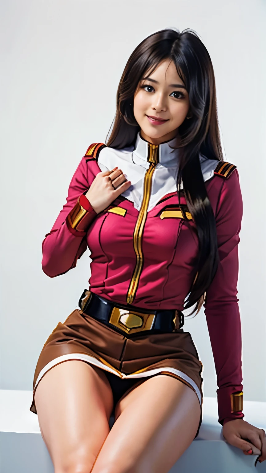 （8k、Raw photography、highest quality、masterpiece：1.2),(black haired、Very long brown hair:1.7),show viewer,Looking at the front,erotic,(super sentai series、She is wearing a red Precure costume.:1.6)、（mini skirt:1.3）、（white panties:1.3）、(Clothing that emphasizes the shape of your chest:1.3)、(big breasts :1.3)、slim body shape、ultra high resolution,beautiful,beautiful fece,(alone, alone、no background:1.9),whole bodyボディー,、(black eye、japanese woman: 1.3),（Photoreal：1.37）、photon mapping,reality、(Baby-faced and cute: 1.1)、(cute smile: 1.7)、(With a round face: 1.8)、radio city、Physically based rendering、depth of field rally background、photograph, (I can see your knees,close up of thighs、blue skirt is too short、spread your legs、white pantiesーを披露:1.3),whole body、super fine