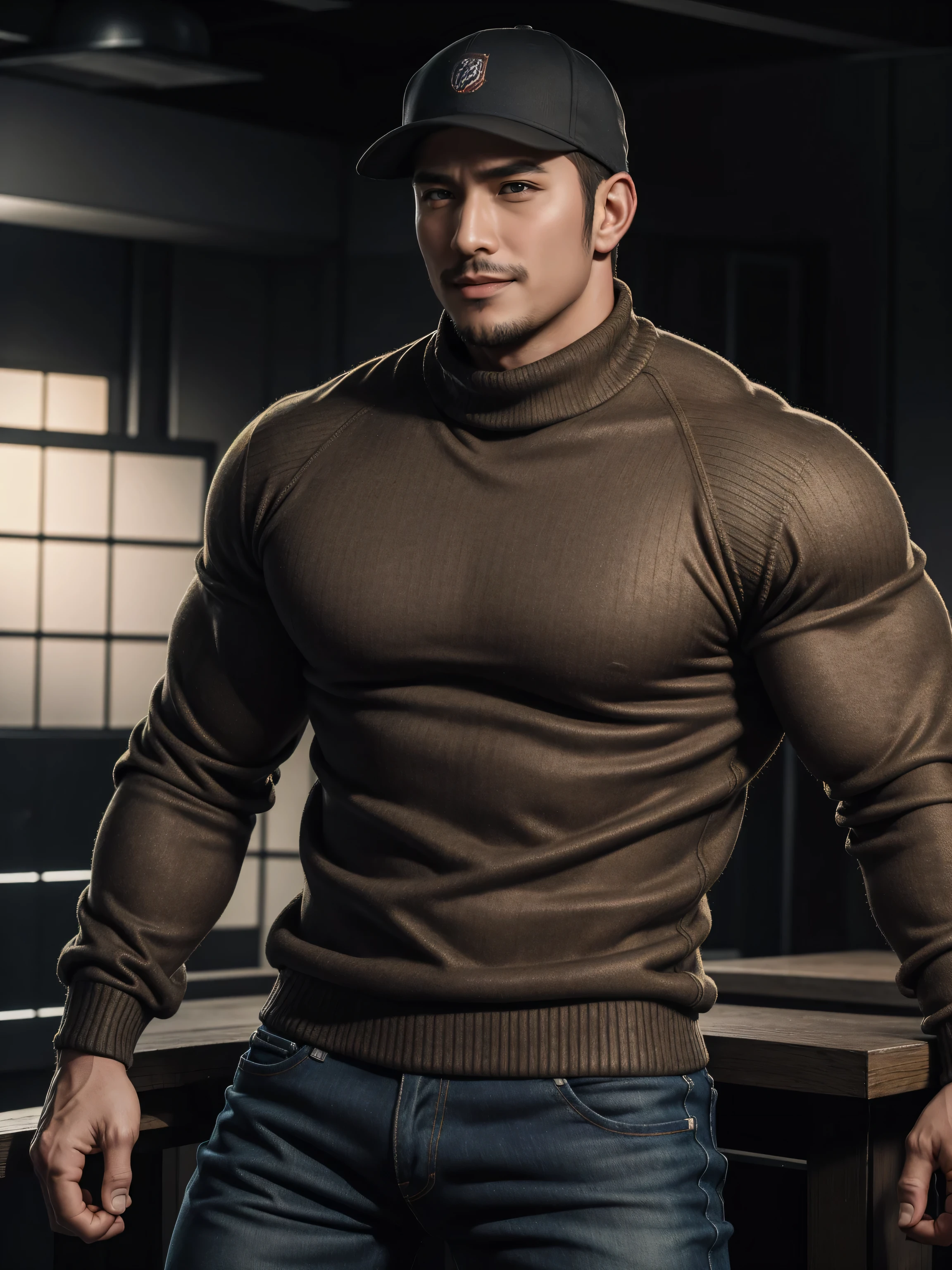 Tall giant muscular 肌肉男，baseball cap，Brown-gray turtleneck long-sleeved sweater，stretch sweater texture，jeans，character concept（Resident Evil - chris redfield，chris redfield）Smile is warm and charming，Deep and charming eyes，heroic male pose，高大burly，muscular！muscular大腿，tough guy，perfect facial features，High, burly, Heqiang，  Super gain and cool， high resolution committee，Charming strong man，The bright sunshine is shining on you