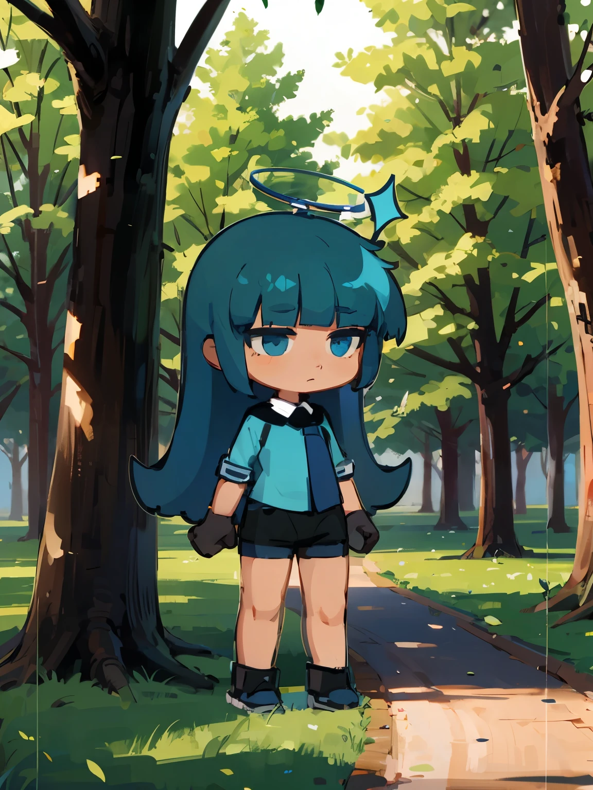 Young woman, Chibi, dark skin, green hair