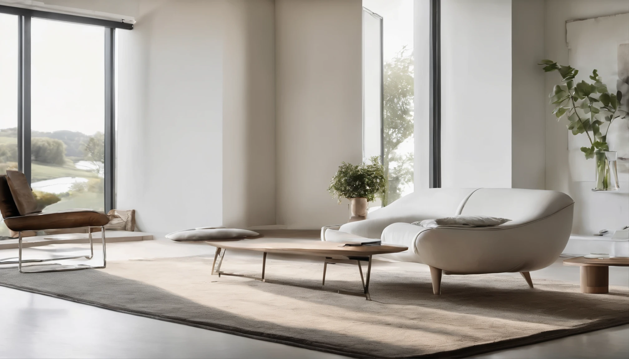 The image showcases a minimalist, contemporary living space with a large window providing a view of a serene, green landscape. There are two standout features in the room: a pair of high-end, white large speakers , symmetrically placed on either side of the window. The speakers have a distinctive design with a central, golden-colored driver. A low wooden bench runs along the window, on which rests a sleek, modern audio amplifier or player, with a silver finish and minimal controls. There's also a small, artistic vase and a miniature sculpture placed on the bench. The floor is a light-colored wood, complementing the natural light that fills the room. In the foreground, part of a white, modern chair is visible, hinting at a relaxed seating area. The overall aesthetic is one of modern luxury with an emphasis on high-fidelity sound in a tranquil setting.