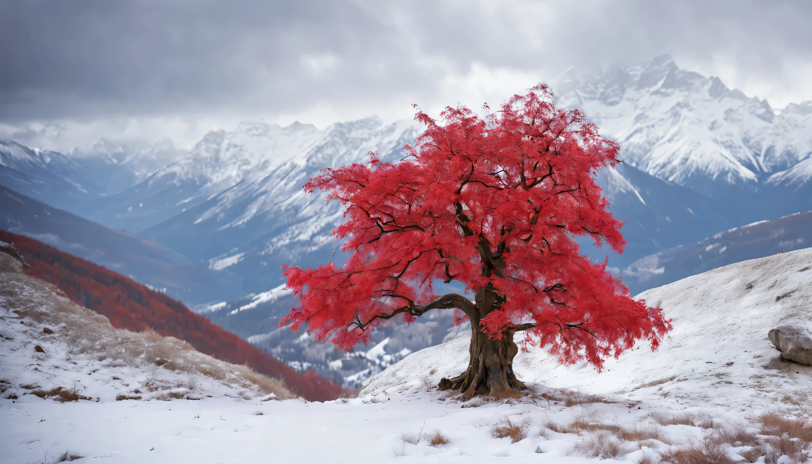 Ancient tree with red leaves in the snowy weather, winter day, gentle sunlight, a falling leaf, the scene in the background is white snow mountains