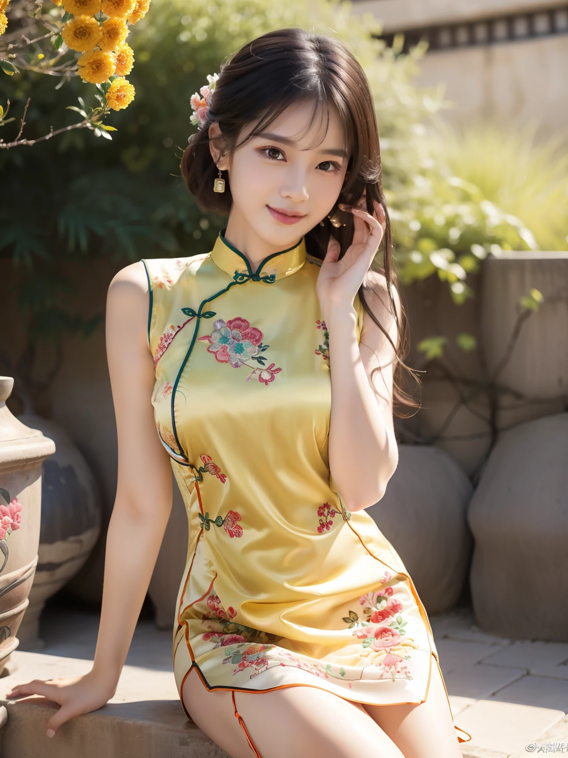 ulzzang -6500-v1.1, (Raw foto:1.2), (Photorealsitic:1.4), Delicate beautiful girl, The sparkling eyes have a very nice atmosphere,13years, Attractive eyes and moist lips, long black hair,(ssmile:1.3), Detailed depiction of the face, Formula details, Detailed depiction of facial features Star Masterpiece Fine Detail, Describe your role in detail, Detailed depiction of hair, Carefully drawn ,My body is bump, Detailed depiction of the hand, Clothes drawn in detail, Detailed depiction of the face, face perfect, Detailed depiction of the hand,4fingers and 1thumb:1.3), orthofacial, choker necklace, eardrop, Works of masters, Infinitely close to reality,(Full body photo:1.5),Highest image quality, best quality, infinite details,8k resolution,(((Beautiful patterned embroidered cheongsam 1.3))),((Orange cheongsam dress))),(Ancient courtyard scene:1.3),A smile, Constriction of the lower back, sexy pose, Bold poses, Beautiful legs visible through the slit of a long skirt, large full breasts, neatly bunched hair, ((Whole Body photo shooting)),