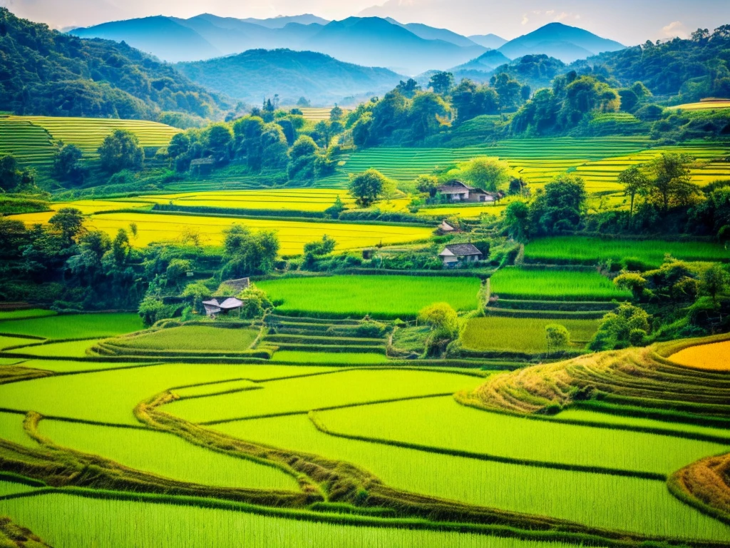 (a peaceful rural scenery, a peaceful sunny day, rice paddy):1.2, (green fields), (beautiful blue sky), (gentle breeze), (tranquil environment), (quiet countryside), (terraced fields), (serene landscape), (harmonious nature), (lush greenery), (calm atmosphere), (vibrant colors), (peaceful surroundings), (breathtaking view), (scenic beauty), (picturesque countryside), (serene rural life), (harvest season), (picturesque mountains), (golden sunlight), (mindful farming), (authentic rural experience), (work of art), (agricultural heritage), (traditional farming techniques), (stunning natural beauty), (traditional rice cultivation), (spectacular view), (harmony with nature), (traditional agricultural practices), (captivating panorama), (close connection with nature), (fertile farmland), (traditional landscape), (timeless beauty), (pristine nature), (harmonious coexistence), (tranquil farmland), (agricultural paradise), (rich cultural heritage)