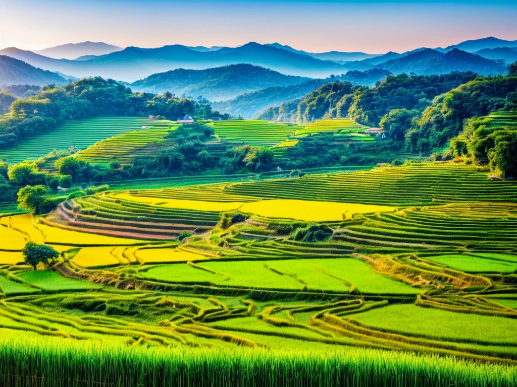 (a peaceful rural scenery, a peaceful sunny day, rice paddy):1.2, (green fields), (beautiful blue sky), (gentle breeze), (tranquil environment), (quiet countryside), (terraced fields), (serene landscape), (harmonious nature), (lush greenery), (calm atmosphere), (vibrant colors), (peaceful surroundings), (breathtaking view), (scenic beauty), (picturesque countryside), (serene rural life), (harvest season), (picturesque mountains), (golden sunlight), (mindful farming), (authentic rural experience), (work of art), (agricultural heritage), (traditional farming techniques), (stunning natural beauty), (traditional rice cultivation), (spectacular view), (harmony with nature), (traditional agricultural practices), (captivating panorama), (close connection with nature), (fertile farmland), (traditional landscape), (timeless beauty), (pristine nature), (harmonious coexistence), (tranquil farmland), (agricultural paradise), (rich cultural heritage)