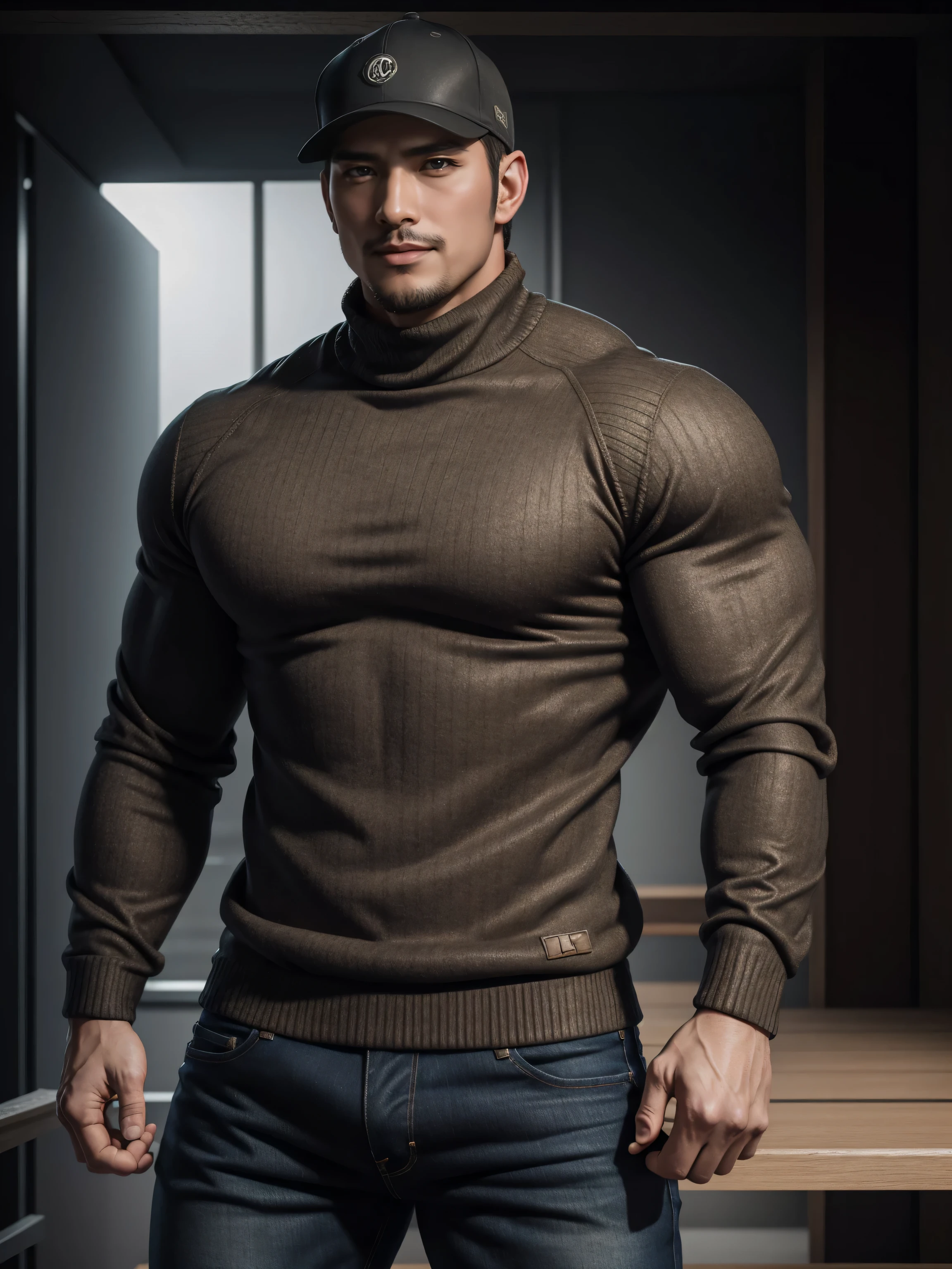 Tall giant muscular 肌肉男，baseball cap，Brown-gray turtleneck long-sleeved sweater，stretch sweater texture，jeans，character concept（Resident Evil - chris redfield，chris redfield）Smile is warm and charming，Deep and charming eyes，heroic male pose，高大burly，muscular！muscular大腿，tough guy，perfect facial features，High, burly, Heqiang，  Super gain and cool， high resolution committee，Charming strong man，The bright sunshine is shining on you