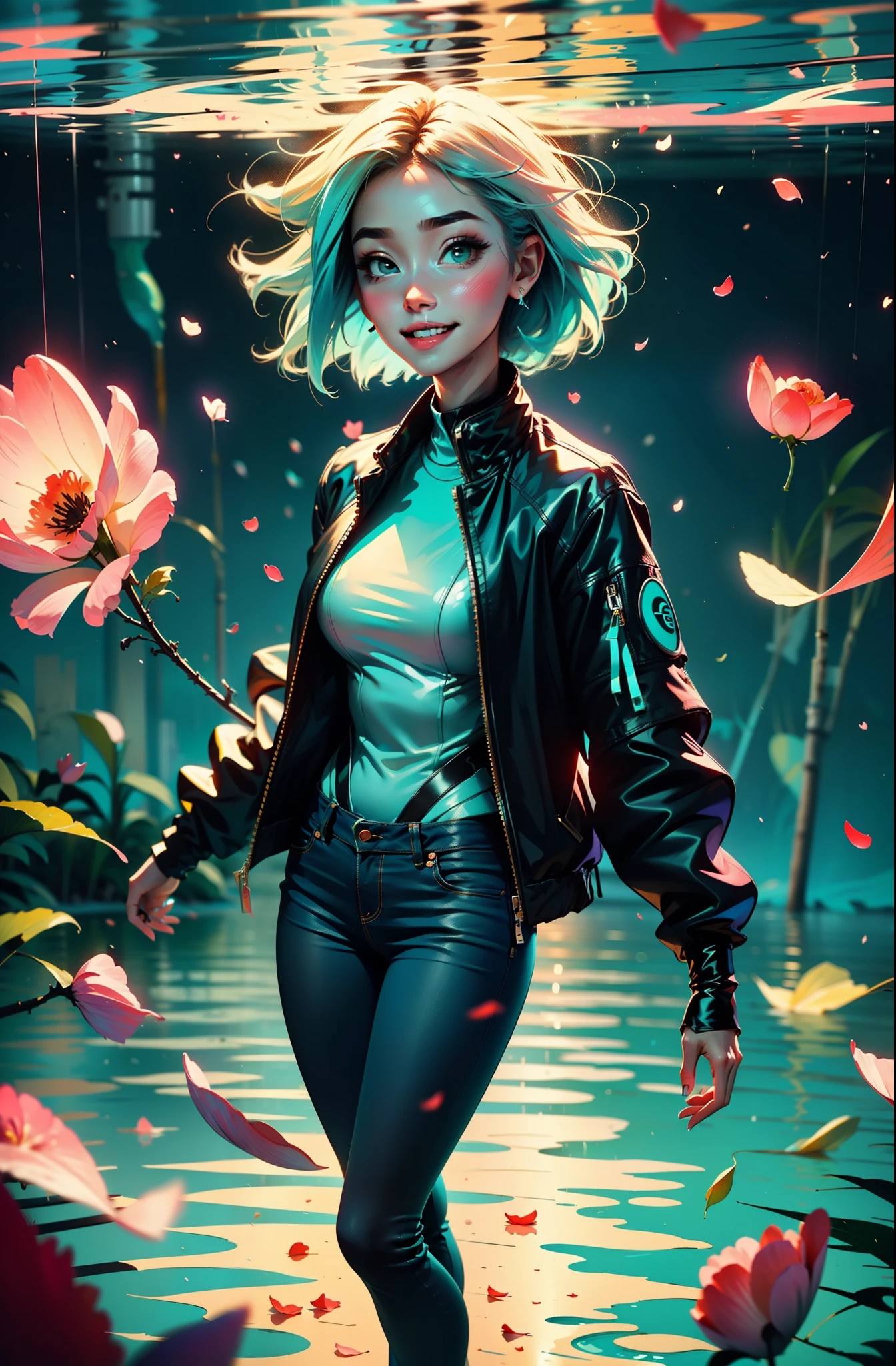 cyberpunk female woman wearing Denim Jacket with chromatic accents:1.1), sleek full bodysuit, (Petal Blush, Lagoon Blue color background:1.3), amazing smile, looking at camera, golden hour