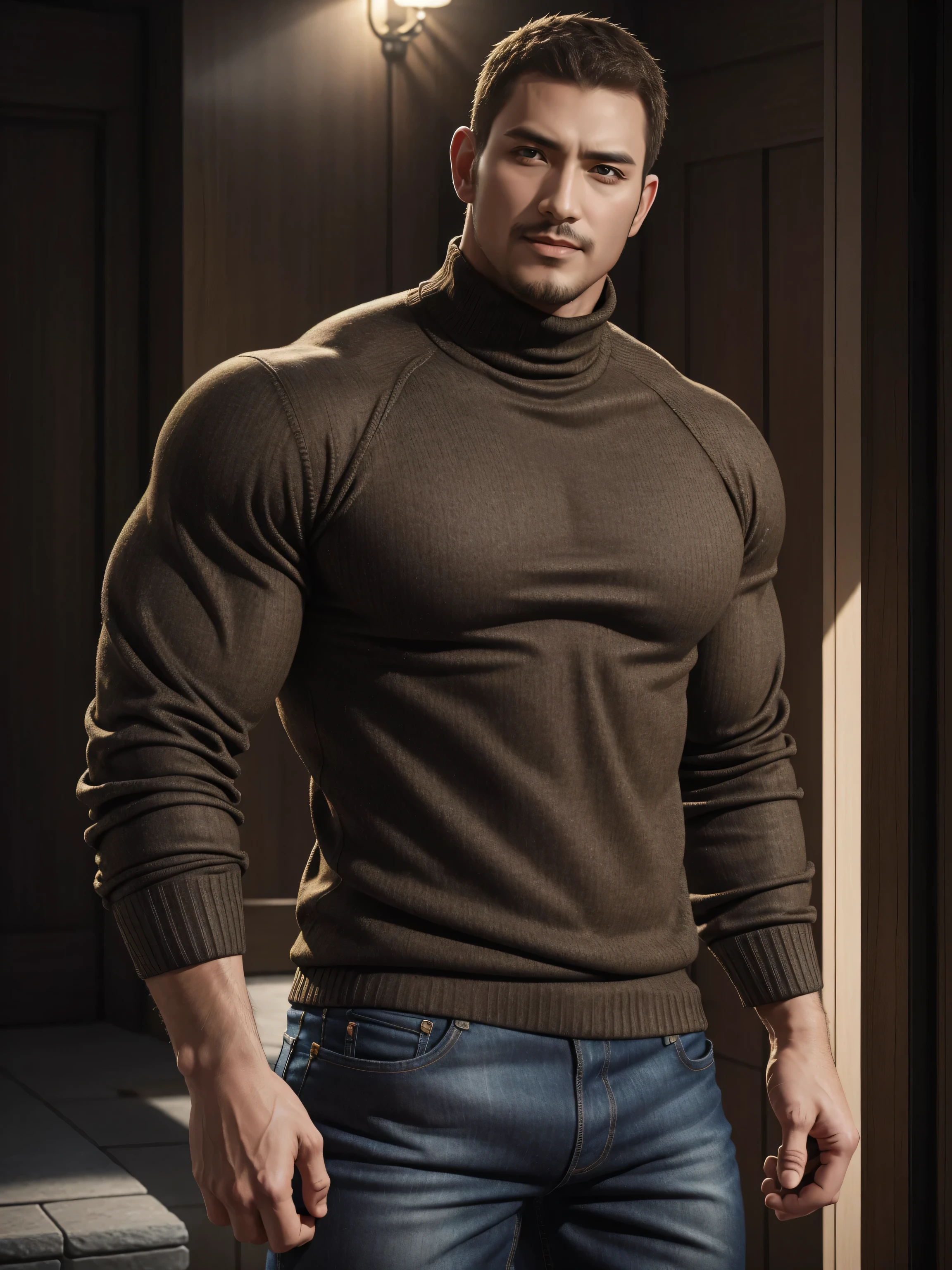 Tall giant muscular 肌肉男,baseball cap,Brown-gray turtleneck long-sleeved sweater,stretch sweater texture,jeans,character concept(Resident Evil - chris redfield,chris redfield)Smile is warm and charming,Deep and charming eyes,heroic male pose,高大burly,muscular!muscular大腿,tough guy,perfect facial features,High, burly, Heqiang, Super gain and cool, high resolution committee,Charming strong man,The bright sunshine is shining on you