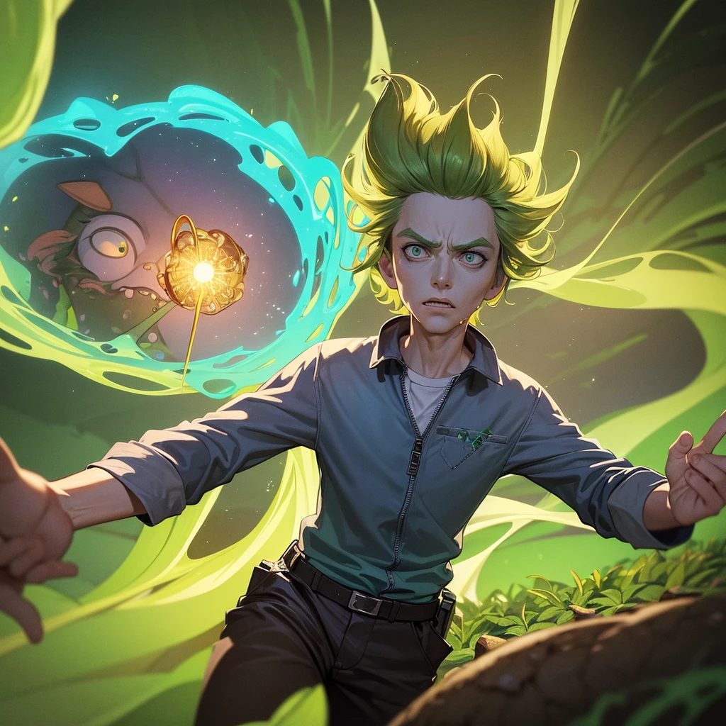 Rick and Morty emerge from an energy portal into a Rice Paddy. Rick, a middle-aged man with messy hair, wears a lab coat and looks bored and drunk. He holds a flask in one hand and takes a shot half-heartedly. Morty, a young boy with messy brown hair, is panicking, with wide-eyed expressions on his face. The scene is filled with slimy tentacles, slowly moving towards Rick and Morty from all directions. These tentacles are greenish and covered with gooey slime, adding a sense of danger and suspense to the atmosphere. The Rice Paddy is surrounded by lush green fields, with tall stalks swaying gently in the breeze. The artwork is created using a digital medium, with a realistic and photorealistic look. The details are extremely intricate, capturing the expressions on Rick and Morty's faces, the texture of the tentacles, and the vibrant green colors of the rice fields. The lighting is vibrant and vivid, illuminating the scene with a surreal glow. The overall style of the artwork is a mix of sci-fi and horror, with elements of both genres blending seamlessly. The color tone is predominantly green, with hints of blue and purple to create an otherworldly feeling. The lighting casts dramatic shadows, enhancing the mysterious and thrilling atmosphere. (best quality,4k,8k,highres,masterpiece:1.2),ultra-detailed,(realistic,photorealistic,photo-realistic:1.37), HDR, UHD, studio lighting, ultra-fine painting, sharp focus, physically-based rendering, extreme detail description, professional, vivid colors, bokeh, portraits, sci-fi, horror.
