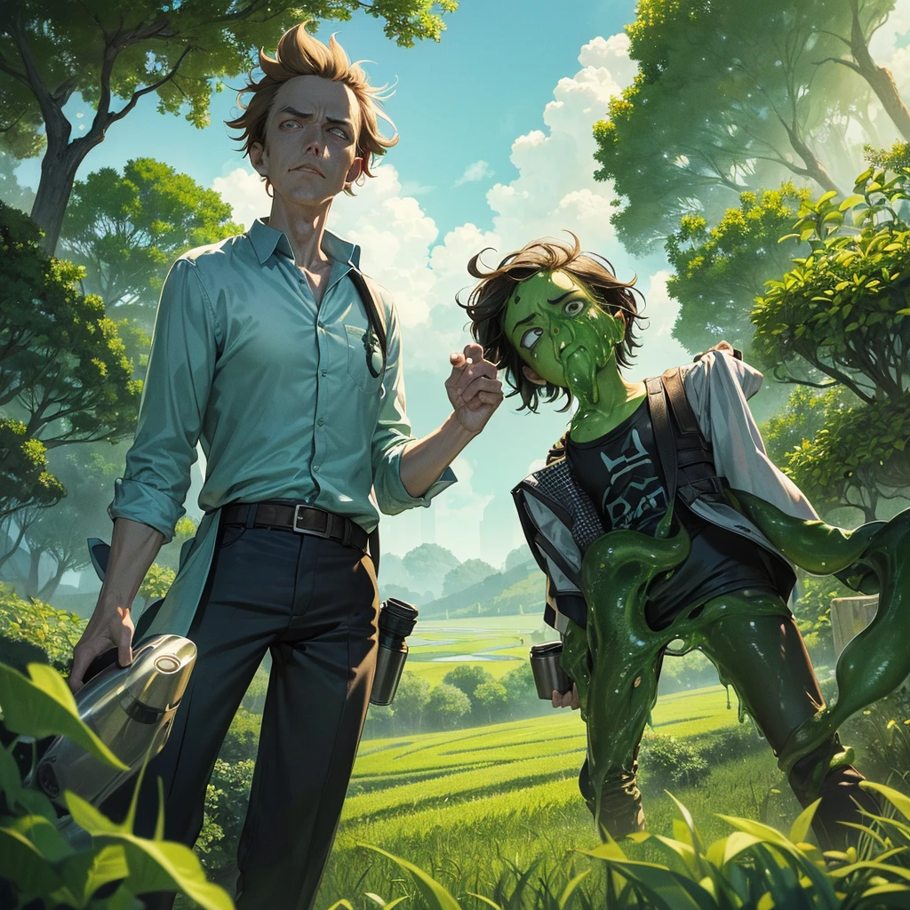 Rick and Morty emerge from an energy portal into a Rice Paddy. Rick, a middle-aged man with messy hair, wears a lab coat and looks bored and drunk. He holds a flask in one hand and takes a shot half-heartedly. Morty, a young boy with messy brown hair, is panicking, with wide-eyed expressions on his face. The scene is filled with slimy tentacles, slowly moving towards Rick and Morty from all directions. These tentacles are greenish and covered with gooey slime, adding a sense of danger and suspense to the atmosphere. The Rice Paddy is surrounded by lush green fields, with tall stalks swaying gently in the breeze. The artwork is created using a digital medium, with a realistic and photorealistic look. The details are extremely intricate, capturing the expressions on Rick and Morty's faces, the texture of the tentacles, and the vibrant green colors of the rice fields. The lighting is vibrant and vivid, illuminating the scene with a surreal glow. The overall style of the artwork is a mix of sci-fi and horror, with elements of both genres blending seamlessly. The color tone is predominantly green, with hints of blue and purple to create an otherworldly feeling. The lighting casts dramatic shadows, enhancing the mysterious and thrilling atmosphere. (best quality,4k,8k,highres,masterpiece:1.2),ultra-detailed,(realistic,photorealistic,photo-realistic:1.37), HDR, UHD, studio lighting, ultra-fine painting, sharp focus, physically-based rendering, extreme detail description, professional, vivid colors, bokeh, portraits, sci-fi, horror.