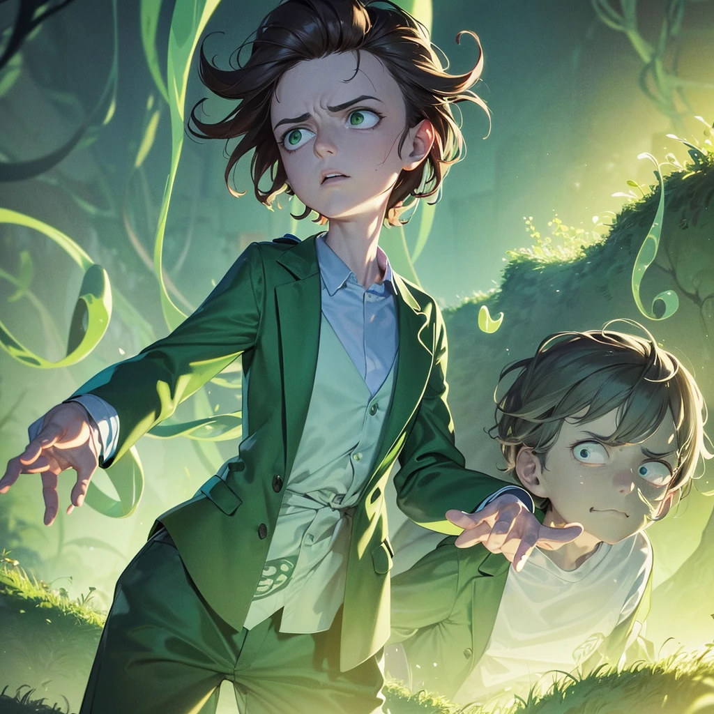 Rick and Morty emerge from an energy portal into a Rice Paddy. Rick, a middle-aged man with messy hair, wears a lab coat and looks bored and drunk. He holds a flask in one hand and takes a shot half-heartedly. Morty, a young boy with messy brown hair, is panicking, with wide-eyed expressions on his face. The scene is filled with slimy tentacles, slowly moving towards Rick and Morty from all directions. These tentacles are greenish and covered with gooey slime, adding a sense of danger and suspense to the atmosphere. The Rice Paddy is surrounded by lush green fields, with tall stalks swaying gently in the breeze. The artwork is created using a digital medium, with a realistic and photorealistic look. The details are extremely intricate, capturing the expressions on Rick and Morty's faces, the texture of the tentacles, and the vibrant green colors of the rice fields. The lighting is vibrant and vivid, illuminating the scene with a surreal glow. The overall style of the artwork is a mix of sci-fi and horror, with elements of both genres blending seamlessly. The color tone is predominantly green, with hints of blue and purple to create an otherworldly feeling. The lighting casts dramatic shadows, enhancing the mysterious and thrilling atmosphere. (best quality,4k,8k,highres,masterpiece:1.2),ultra-detailed,(realistic,photorealistic,photo-realistic:1.37), HDR, UHD, studio lighting, ultra-fine painting, sharp focus, physically-based rendering, extreme detail description, professional, vivid colors, bokeh, portraits, sci-fi, horror.