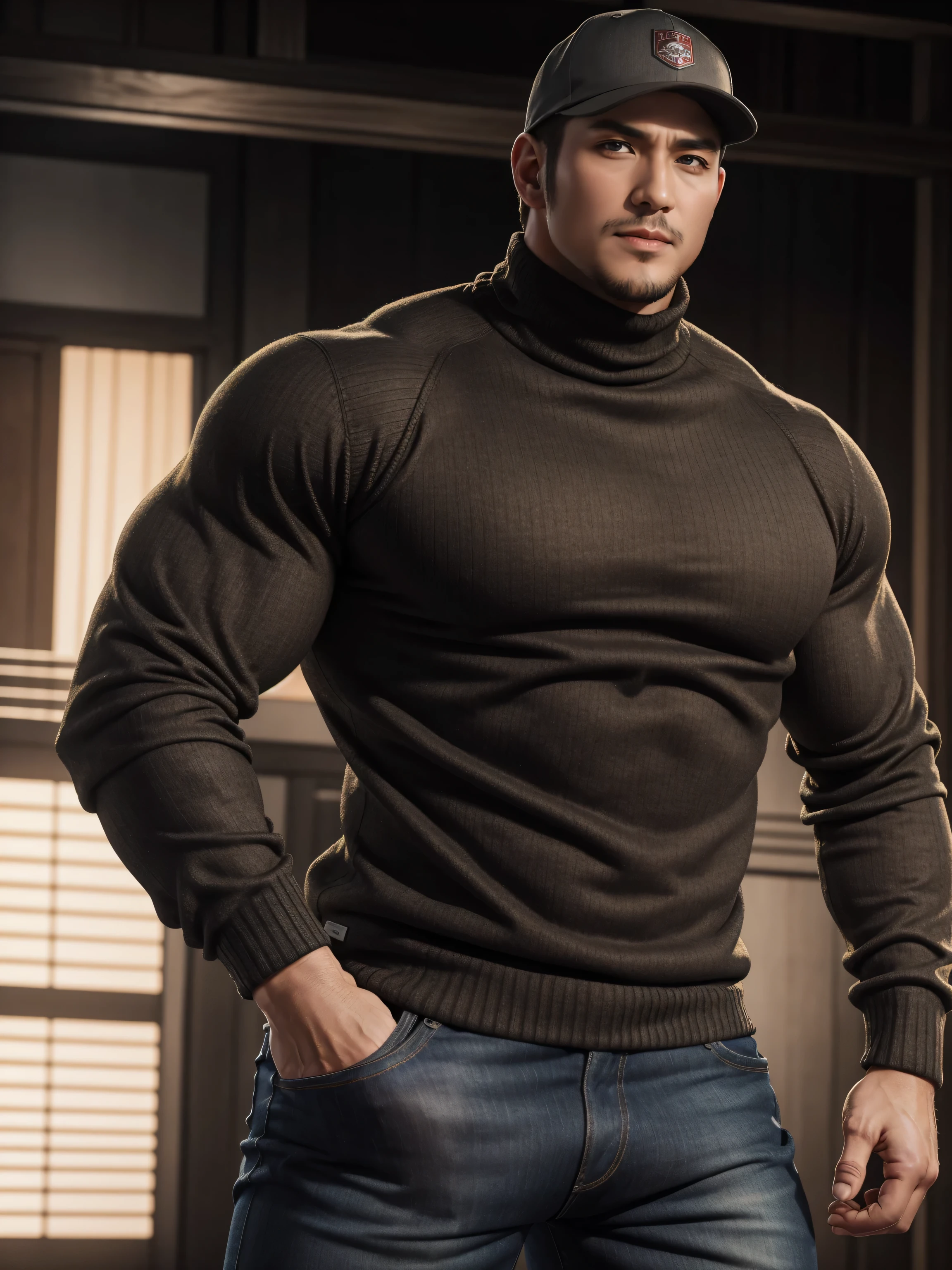 Tall giant muscular 肌肉男，baseball cap，Brown-gray turtleneck long-sleeved sweater，stretch sweater texture，jeans，character concept（Resident Evil - chris redfield，chris redfield）Smile is warm and charming，Deep and charming eyes，heroic male pose，高大burly，muscular！muscular大腿，tough guy，perfect facial features，High, burly, Heqiang，  Super gain and cool， high resolution committee，Charming strong man，The bright sunshine is shining on you
