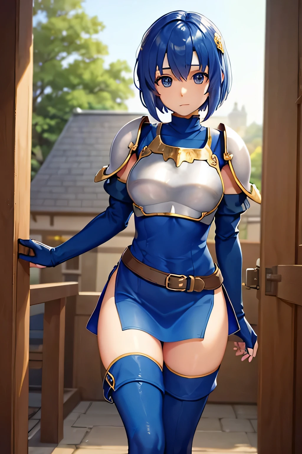 Katria_nm, cute, blue hair, short hair, blue eyes, cute, thin waist, small, Tight, medium breasts, bare shoulders, red neckerchief, blue elbow gloves, blue fingerless gloves, shoulder armor, belt, breastplate, white headband, short dress, dress slit, blue tight boots, Blue Long Boots, Pegasus knight uniform (Fire emblem), low length, middle ages, village