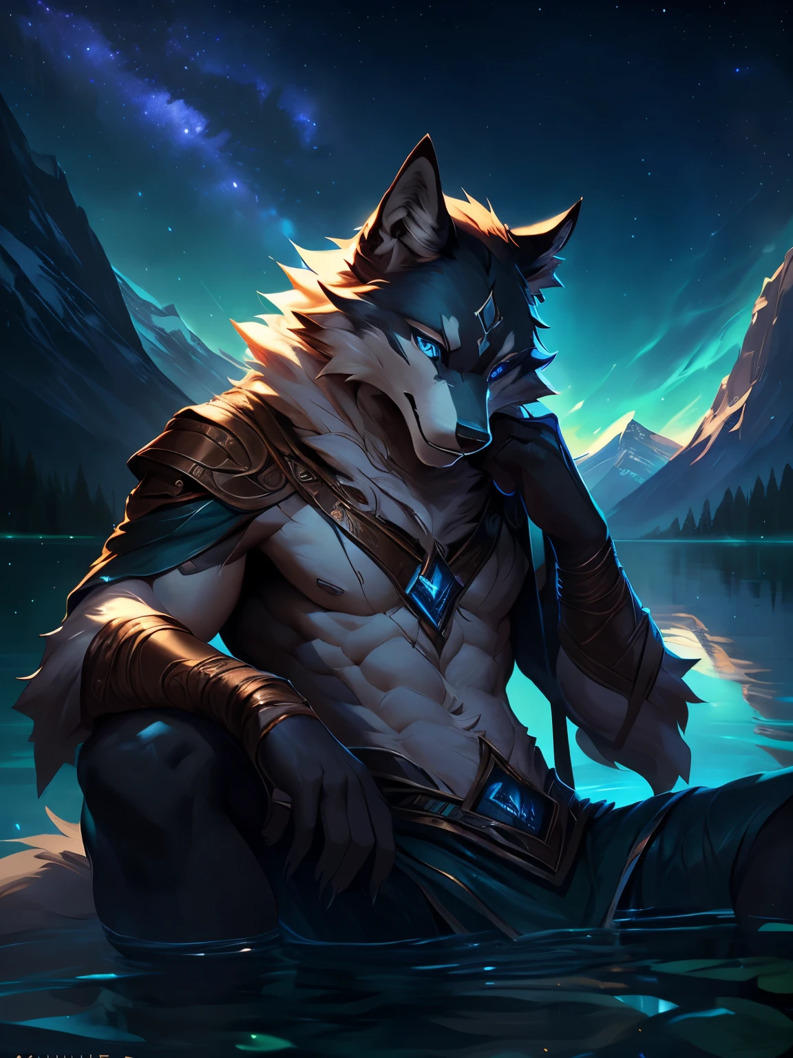 Anime Style Masterpiece: Semi-human Man Transformation, Black Wolf Earlobe Man, Purple-hued Eyes, Imperious Body, Brown Trousers and Black Boots, Silver-hued Breastplate with Scratches, Iron Glove with Sphere Top, Forest Backdrop, Thick Forest, Gloomy Landscape
In the style of an anime masterpiece, we present a semi-human man with the distinct features of a wolf, including black hair that blends seamlessly into fur, and lupine ears atop his head. His eyes are an ethereal shade of purple, and his physique is perfect, a testament to the artist's skill.