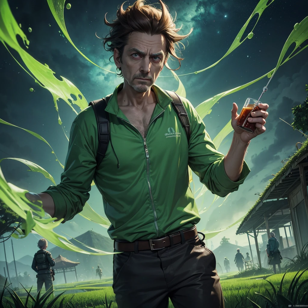 Rick and Morty emerge from an energy portal into a Rice Paddy. Rick, a middle-aged man with messy hair, wears a lab coat and looks bored and drunk. He holds a flask in one hand and takes a shot half-heartedly. Morty, a young boy with messy brown hair, is panicking, with wide-eyed expressions on his face. The scene is filled with slimy tentacles, slowly moving towards Rick and Morty from all directions. These tentacles are greenish and covered with gooey slime, adding a sense of danger and suspense to the atmosphere. The Rice Paddy is surrounded by lush green fields, with tall stalks swaying gently in the breeze. The artwork is created using a digital medium, with a realistic and photorealistic look. The details are extremely intricate, capturing the expressions on Rick and Morty's faces, the texture of the tentacles, and the vibrant green colors of the rice fields. The lighting is vibrant and vivid, illuminating the scene with a surreal glow. The overall style of the artwork is a mix of sci-fi and horror, with elements of both genres blending seamlessly. The color tone is predominantly green, with hints of blue and purple to create an otherworldly feeling. The lighting casts dramatic shadows, enhancing the mysterious and thrilling atmosphere. (best quality,4k,8k,highres,masterpiece:1.2),ultra-detailed,(realistic,photorealistic,photo-realistic:1.37), HDR, UHD, studio lighting, ultra-fine painting, sharp focus, physically-based rendering, extreme detail description, professional, vivid colors, bokeh, portraits, sci-fi, horror.