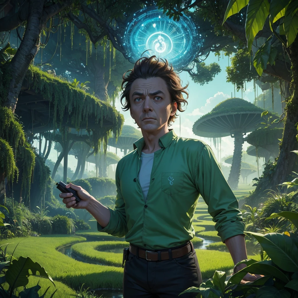 Rick and Morty emerge from an energy portal into a Rice Paddy. Rick, a middle-aged man with messy hair, wears a lab coat and looks bored and drunk. He holds a flask in one hand and takes a shot half-heartedly. Morty, a young boy with messy brown hair, is panicking, with wide-eyed expressions on his face. The scene is filled with slimy tentacles, slowly moving towards Rick and Morty from all directions. These tentacles are greenish and covered with gooey slime, adding a sense of danger and suspense to the atmosphere. The Rice Paddy is surrounded by lush green fields, with tall stalks swaying gently in the breeze. The artwork is created using a digital medium, with a realistic and photorealistic look. The details are extremely intricate, capturing the expressions on Rick and Morty's faces, the texture of the tentacles, and the vibrant green colors of the rice fields. The lighting is vibrant and vivid, illuminating the scene with a surreal glow. The overall style of the artwork is a mix of sci-fi and horror, with elements of both genres blending seamlessly. The color tone is predominantly green, with hints of blue and purple to create an otherworldly feeling. The lighting casts dramatic shadows, enhancing the mysterious and thrilling atmosphere. (best quality,4k,8k,highres,masterpiece:1.2),ultra-detailed,(realistic,photorealistic,photo-realistic:1.37), HDR, UHD, studio lighting, ultra-fine painting, sharp focus, physically-based rendering, extreme detail description, professional, vivid colors, bokeh, portraits, sci-fi, horror.