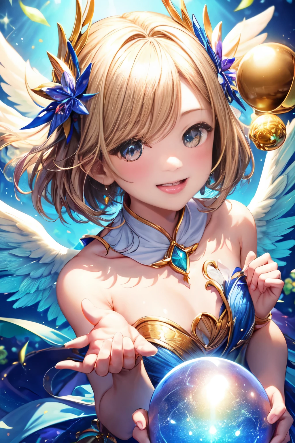 angel's blessing、bright background、kindness、laughter、kind、Holding a dazzling crystal ball in both hands and looking at the camera、close your mouth