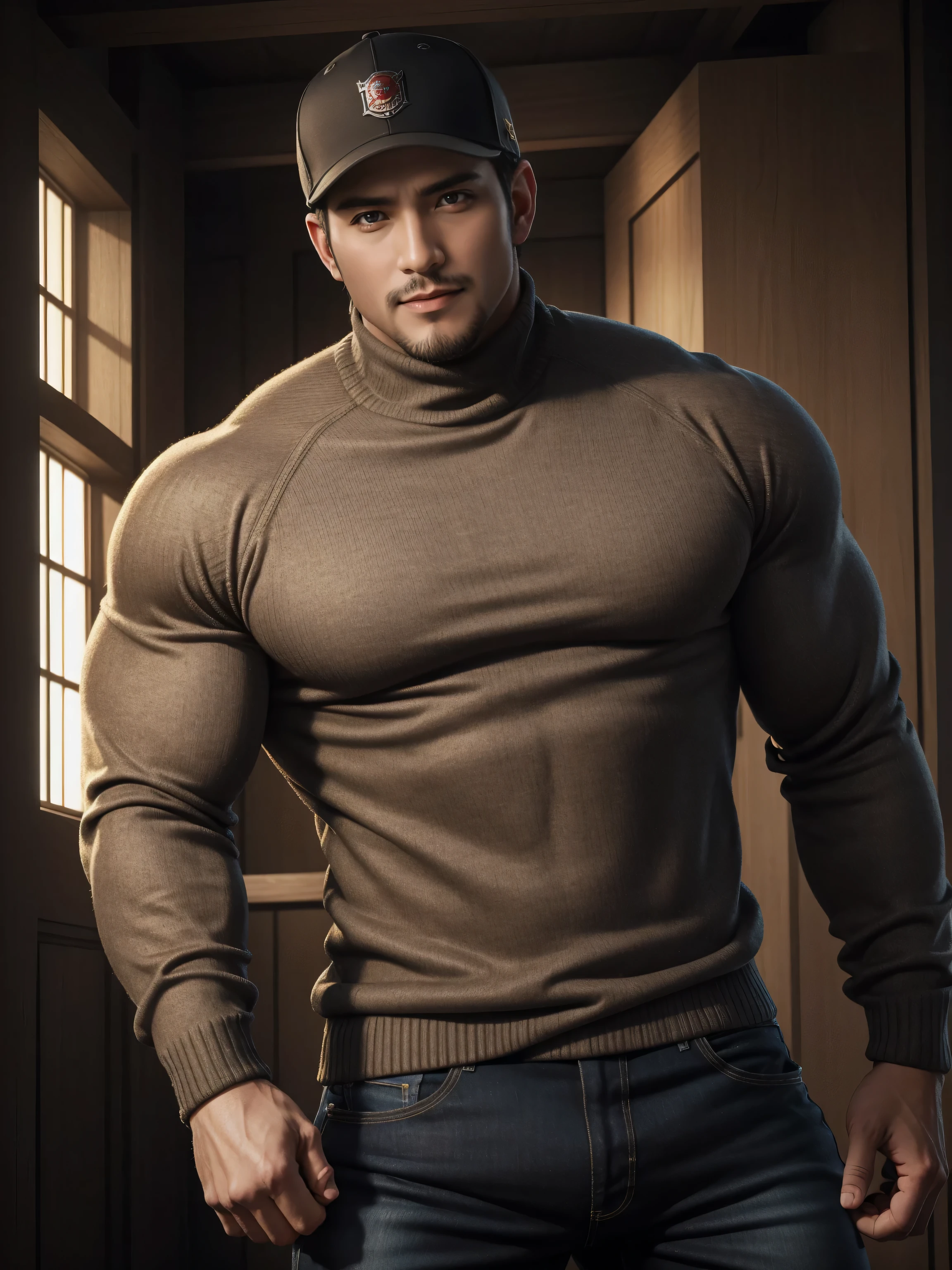 Tall giant muscular 肌肉男,baseball cap,Brown-gray turtleneck long-sleeved sweater,stretch sweater texture,jeans,character concept(Resident Evil - chris redfield,chris redfield)Smile is warm and charming,Deep and charming eyes,heroic male pose,高大burly,muscular!muscular大腿,tough guy,perfect facial features,High, burly, Heqiang, Super gain and cool, high resolution committee,Charming strong man,The bright sunshine is shining on you