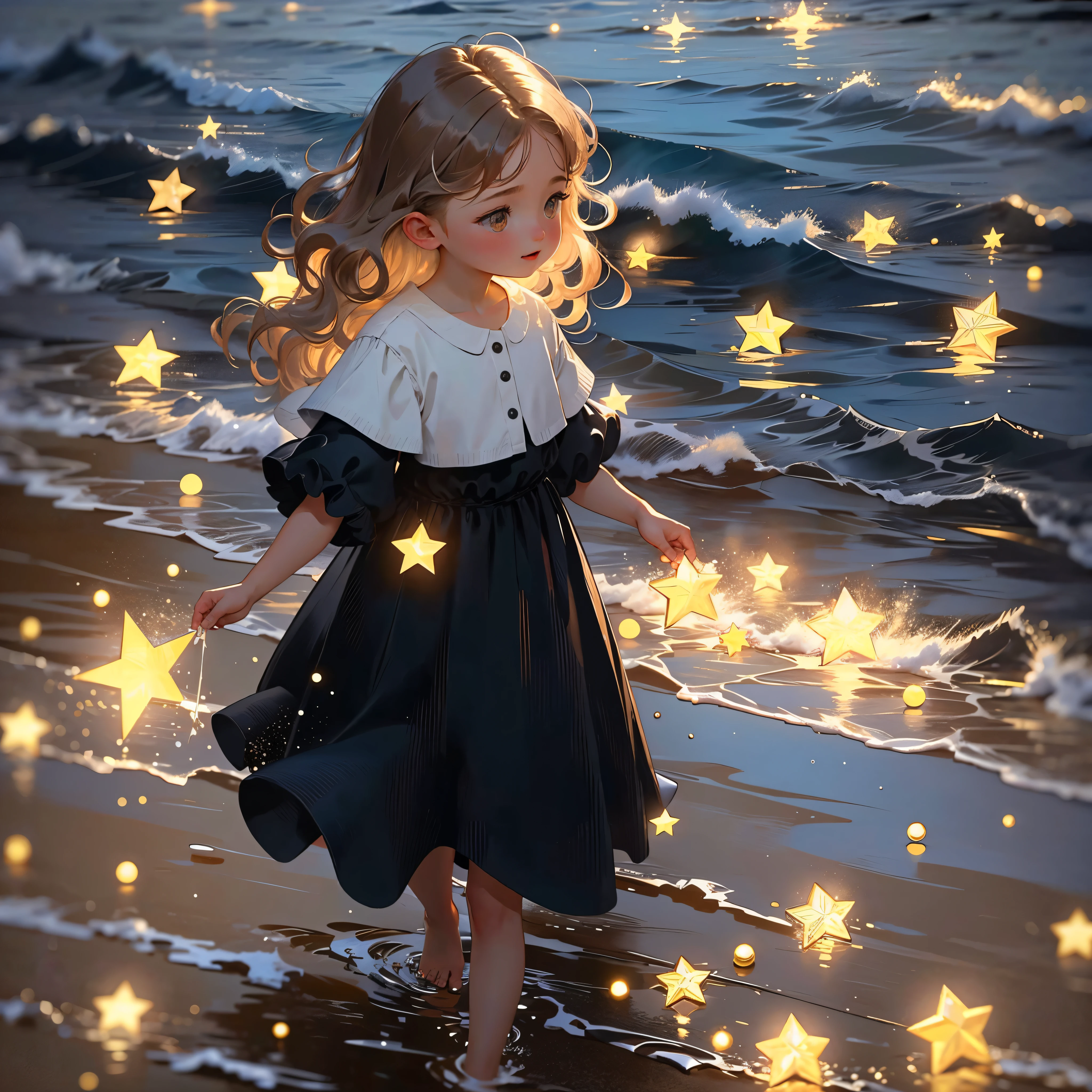 (((Meisterwerk: 1.2, Realistisch: 1.37, ultra high resolution))), weibliches Modell, helle Haut, Langes, lockiges Haar, blaues Kleid,  am Meer, Rose petals everywhere, Hoher Kontrast, Dynamisch, Weicher Fokus, Nacht, Sterne, Sternenklarer Himmel, Meer,good quality，highest quality，((There are no three feet)),((Es gibt keine sechs Finger))