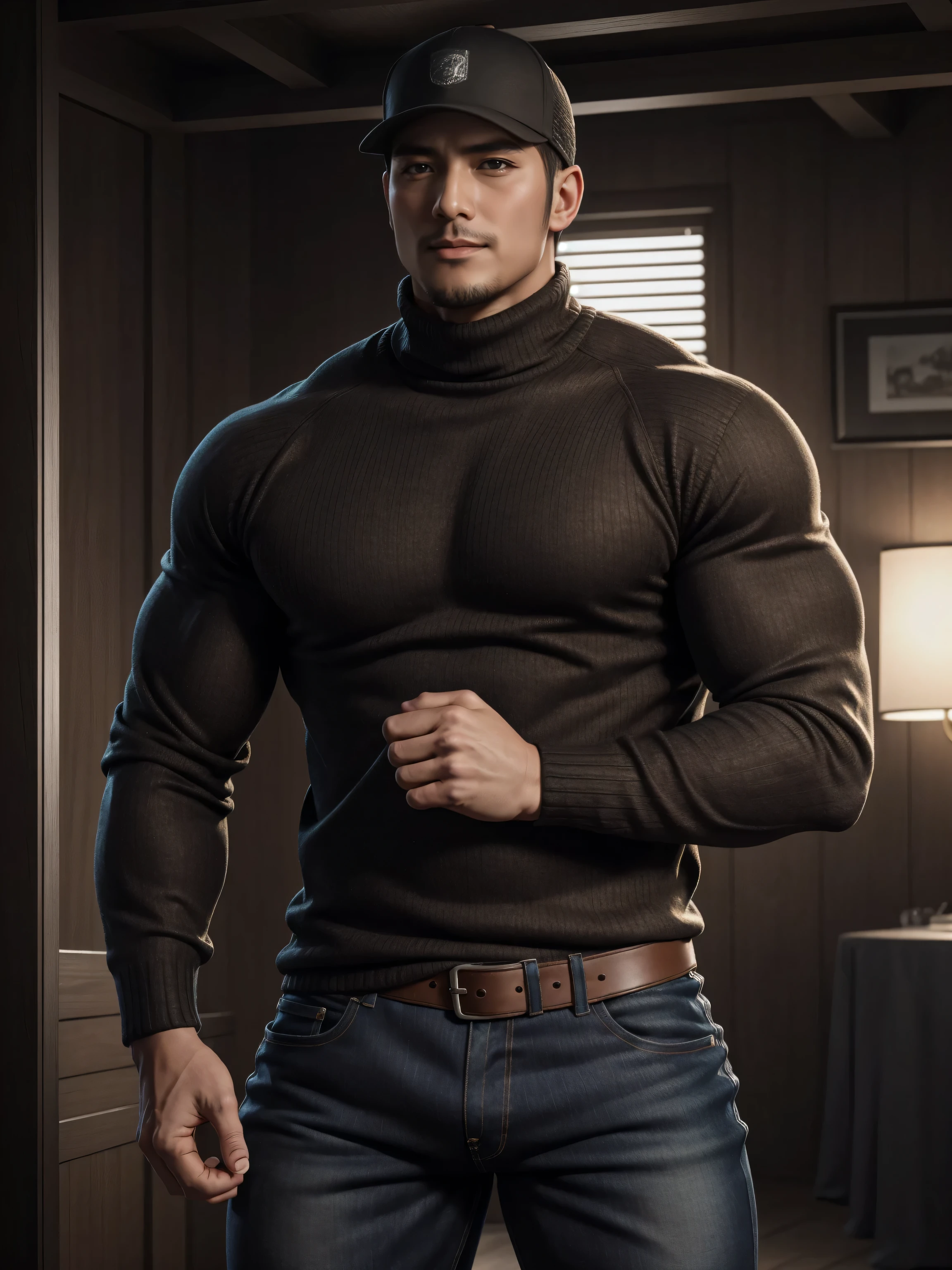 Tall giant muscular 肌肉男,baseball cap,Brown-gray turtleneck long-sleeved sweater,stretch sweater texture,jeans,character concept(Resident Evil - chris redfield,chris redfield)Smile is warm and charming,Deep and charming eyes,heroic male pose,高大burly,muscular!muscular大腿,tough guy,perfect facial features,High, burly, Heqiang, Super gain and cool, high resolution committee,Charming strong man,The bright sunshine is shining on you