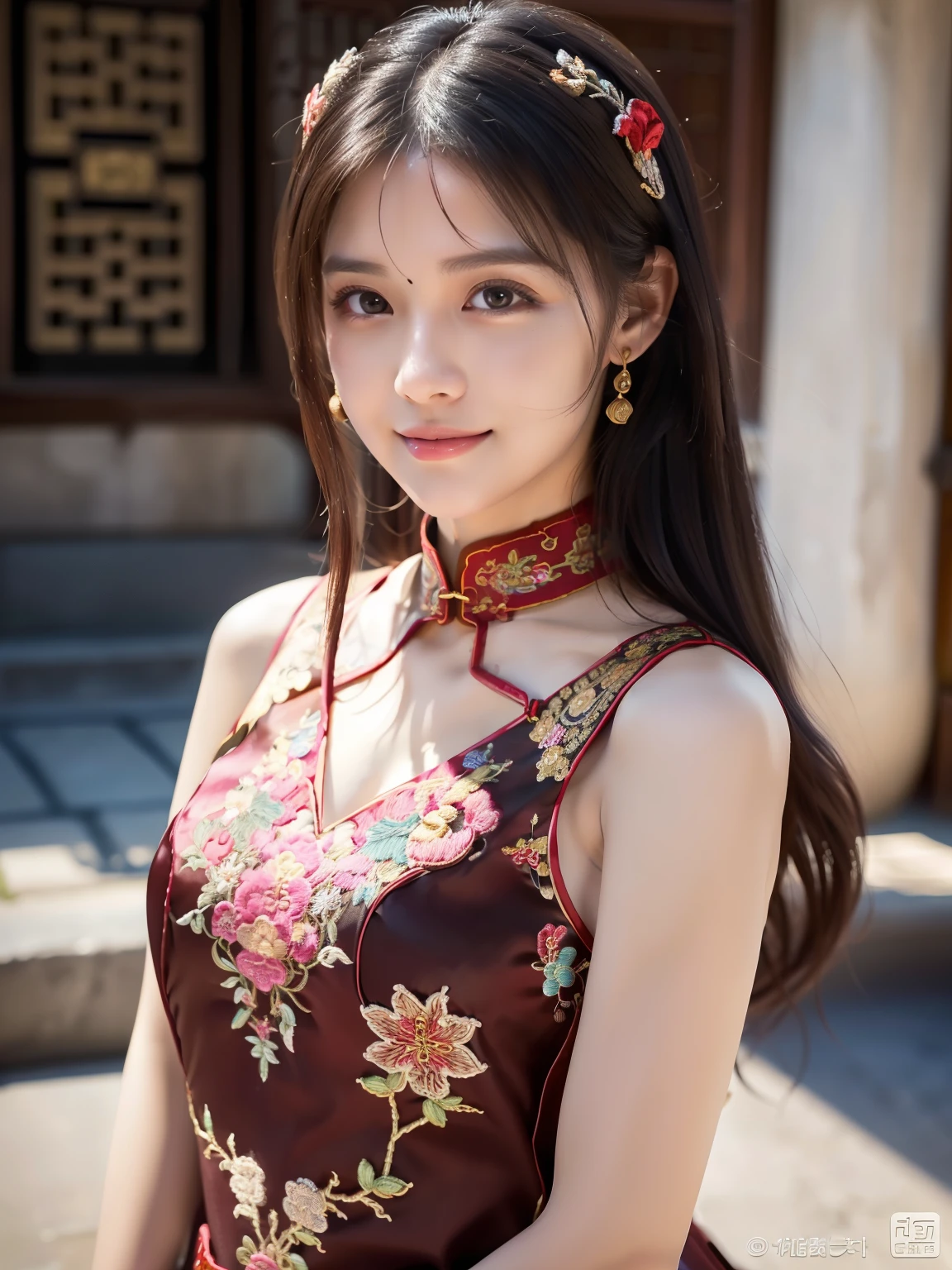 ulzzang -6500-v1.1, (Raw foto:1.2), (Photorealsitic:1.4), Delicate beautiful girl, The sparkling eyes have a very nice atmosphere,13years, Attractive eyes and moist lips, long black hair,(ssmile:1.3), Detailed depiction of the face, Formula details, Detailed depiction of facial features Star Masterpiece Fine Detail, Describe your role in detail, Detailed depiction of hair, Carefully drawn ,My body is bump, Detailed depiction of the hand, Clothes drawn in detail, Detailed depiction of the face, face perfect, Detailed depiction of the hand,4fingers and 1thumb:1.3), orthofacial, choker necklace, eardrop, Works of masters, Infinitely close to reality,(Full body photo:1.5),Highest image quality, best quality, infinite details,8k resolution,(((Beautiful patterned embroidered cheongsam 1.3))),((Dark red cheongsam dress))),(Ancient courtyard scene:1.3),A smile, Constriction of the lower back, sexy pose, Bold poses, Beautiful legs visible through the slit of a long skirt, large full breasts, neatly bunched hair, ((Whole Body photo shooting)),