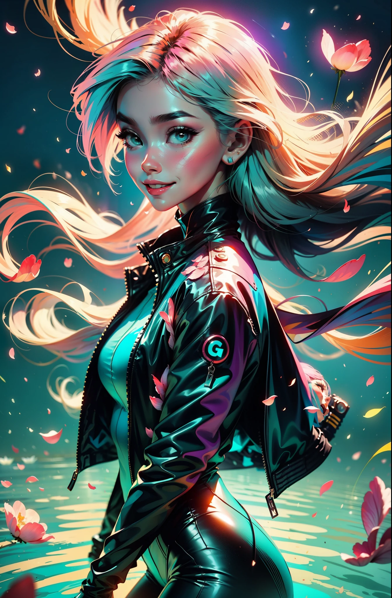 cyberpunk female woman wearing (turquoise Jacket with chromatic accents:1.1), sleek full bodysuit, (Petal Blush, Lagoon Blue color background:1.3), amazing smile, looking at camera, golden hour