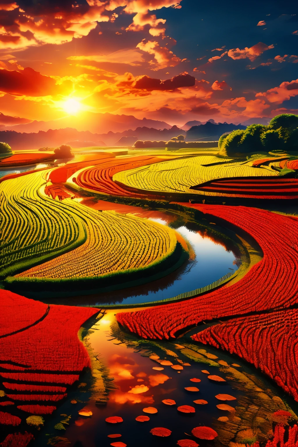 best quality, fractal art, art design, rice fields, autumn, harvest time, dragonfly, bright red sunset, (waterway:0.7)