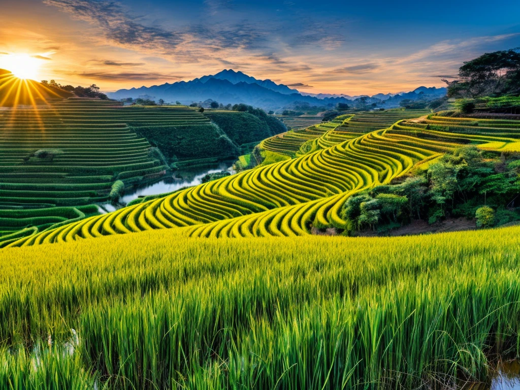 rice paddy ,Peaceful rural scenery, terraced fields, autumn, Ear of rice, sunset, sky and sea
