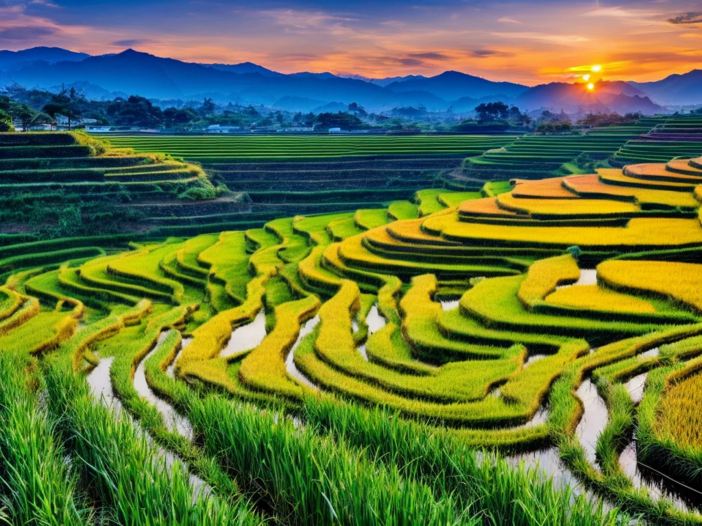 rice paddy ,Peaceful rural scenery, terraced fields, autumn, Ear of rice, sunset, sky and sea