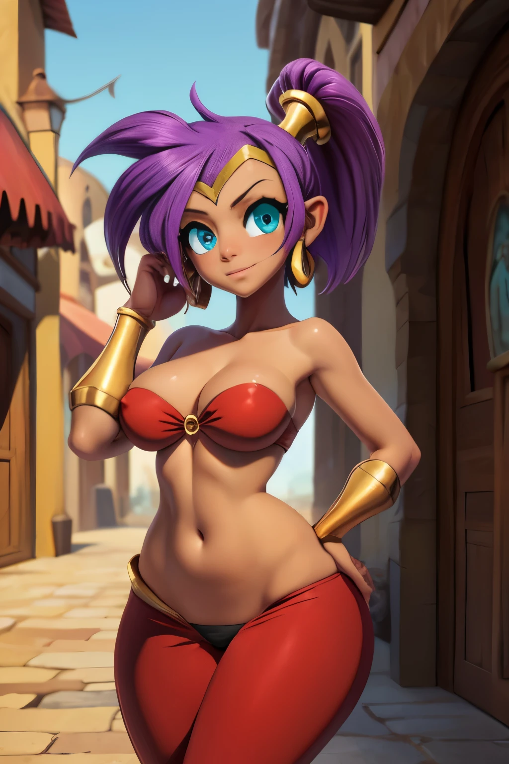 Girl Half-Jin Shantae, purple hair, Beautiful cute face, Innocent, Charming, embarrassed expression, Facing the camera, dark-skin, Skin color-mulatto, Body glare, ((pretty eyes)), Cyan eyes, ((Perfect Sexy Figure)), Ideal body shapes, big thighs, ((Subtle and beautiful)), ((Shantae Clothing)), Sexy seductive stance, Full-length, background: Arabian Medieval Streets, Depth of field, ((ultra quality)), ((tmasterpiece)), clear image, crisp details, Realistic, Professional Photo Session, Clear Focus, the anime, Colorfully drawn, NSFW