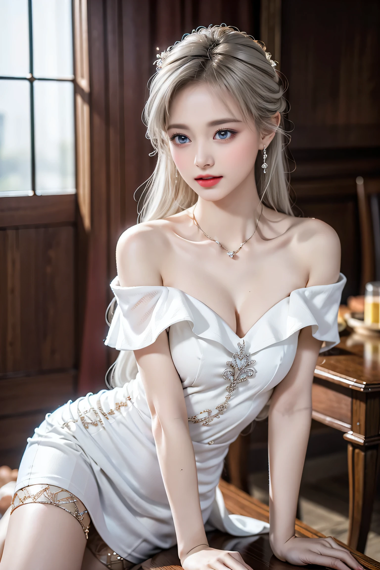 top quality work，Real work，Ultra premium graphics，8K HD CG作品，high quality graphics，High-definition CG works，10x pixels，super fine details：1.1，Advanced technical details：1.1Real as a photo，indoor lighting effects：1.5，Natural light：1.5. light effect（virtual light effect：1.8），超A high resolution，shiny赤いドレス，長いsilver hair，silver hair，transparent hair，high detail hair（premium hair detail：1.1）clear eyes，beautiful double eyelids，sharp eye makeup, delicate eyelash makeup, thin eyebrows, highly detailed eyes，high nose, nice red lips, rose cheeks, A face with delicate makeup , cute face, perfectly proportioned face,（Advanced facial details：1.1），shiny，Summer Sexy Hip Wrap Fishtail Sleeveless Commuter Maxi ，stiletto heels，beautiful long dress，wonderfulドレス，bright red series，(off shoulder tight white dress) dress collection，dress photography，authentic dress work，At the banquet hall，woman&#39;artwork of，（full body figure），goddess of dresses，realism，wonderful，My eyes are shining today