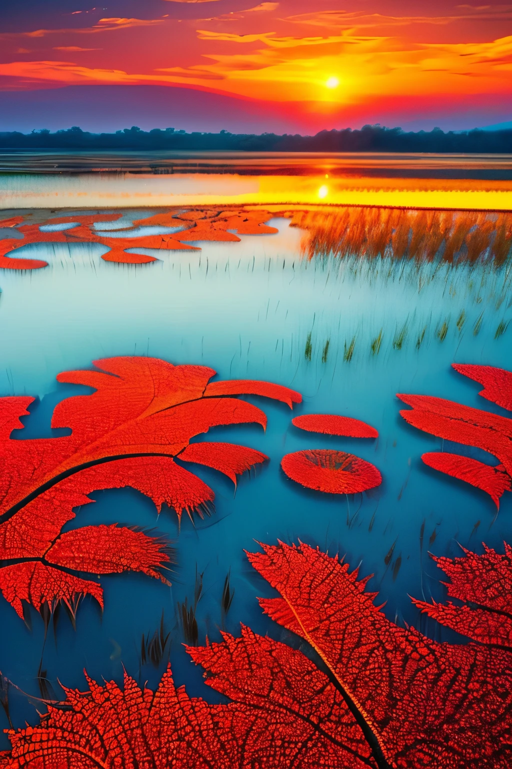 best quality, fractal art, art design, rice fields, autumn, harvest time, dragonfly, bright red sunset, (waterway:0.7)