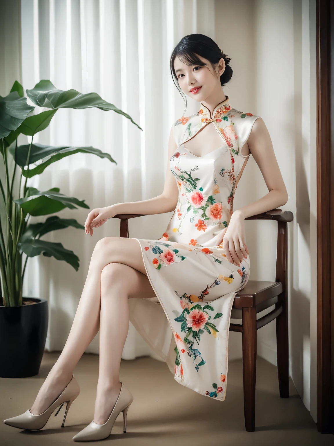 Cinematic lighting, ray tracing, film grain, depth of field, UHD, masterpiece, best quality, super detail, award winning, highres, high details, Real human skin, natural skin texture, 1girl, oval face, qipao, full body,big chest,indoor, (((expose thighs))), Bare thigh, nice leg, ((Breast)), A plump figure, whole body, kiss, ((Colorful chinesedress)), sat on the ground, smile, High heels, (sitting:1.3), Chinese furniture, vases, sense of space, light on the face, depth of field, natural light, Flowers, plants, art Deco design,