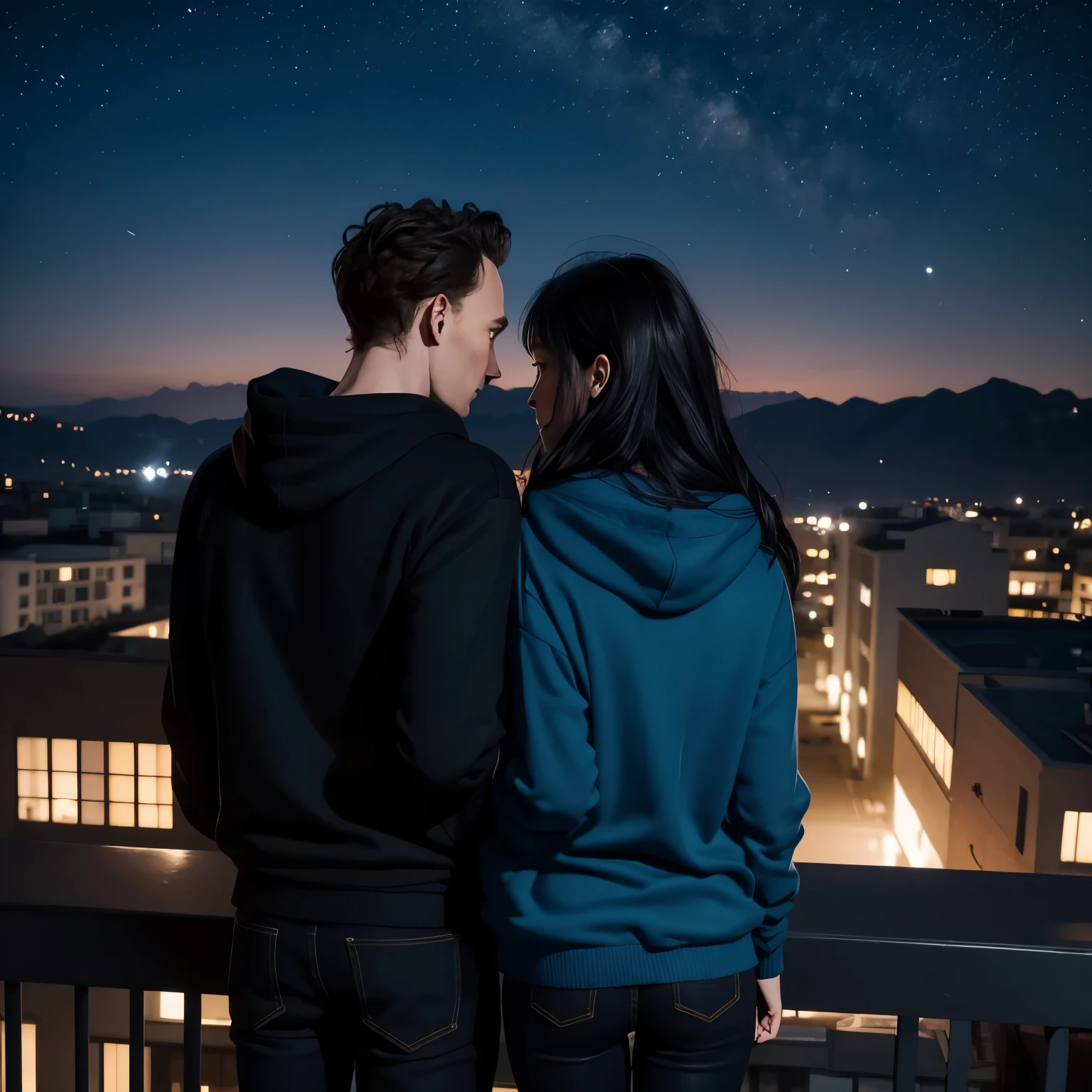 a view from Tom Hiddleston and a girl standing in the balcony, watching the night sky, with their backs facing the camera. Tom Hiddleston wearing a long blue sweater and black jeans, with short black hair. The girl has long brown hair, wearing a white hoodie with black pants. She is leaning her head against Tom Hiddleston's shoulder while both are watching the night sky with their backs facing the camera