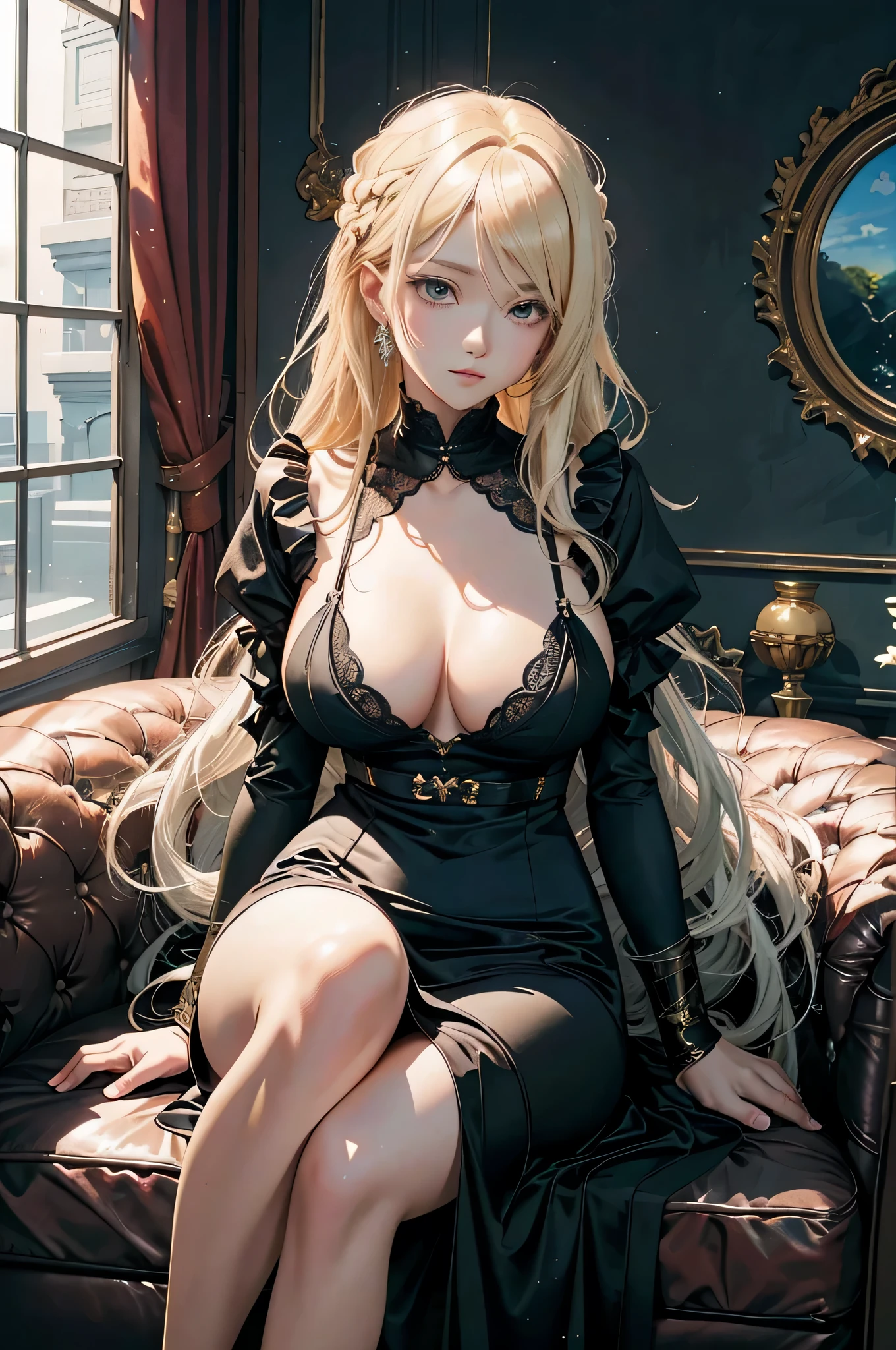 blond haired woman in black dress sitting on a brown couch, seductive anime girl, beautiful alluring anime woman, perfect white haired girl, in dress, anime girl wearing a black dress, beautiful alluring anime , 8k high quality detailed art, blonde - haired princess, small curvy , beautiful anime woman, anime highly detailed