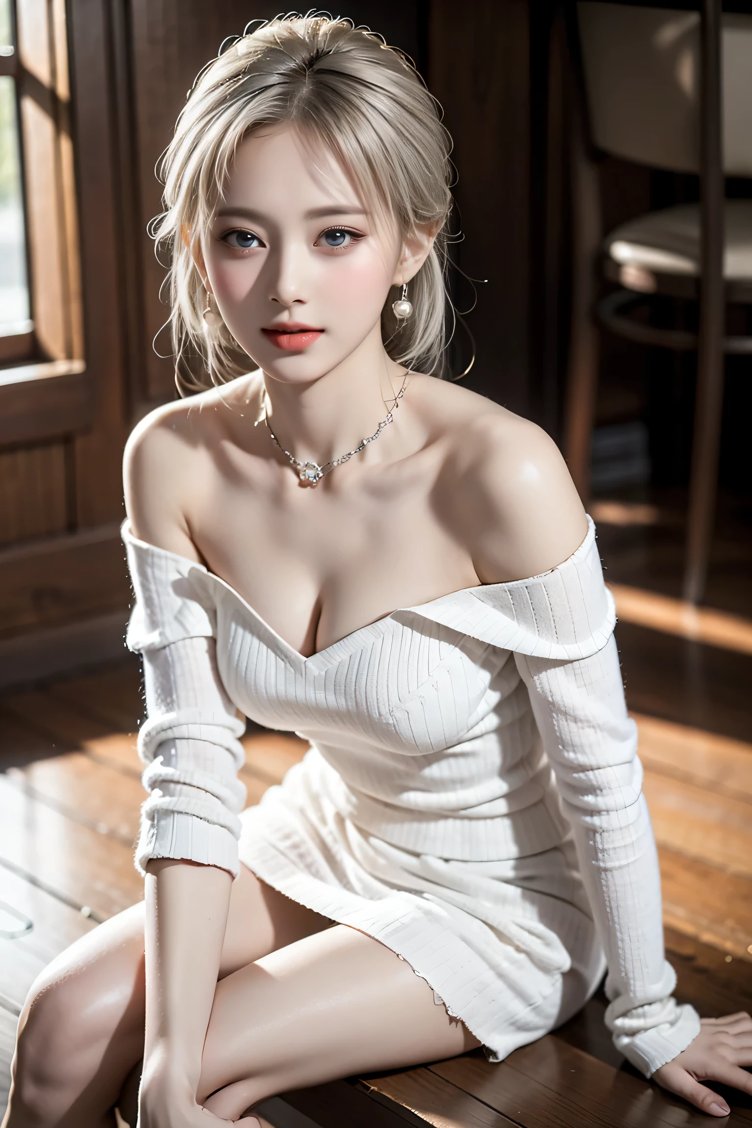 Best quality work,Actual work,Ultra Premium Graphics,8K HD CG Works,High quality graphics,High-definition CG works,10x pixels,Extremely fine detail:1.1,Advanced Technical Details:1.1 Photorealistic,Indoor lighting effects:1.5,Natural light:1.5. Light effects(virtual Light effects:1.hort golden-white hair)、(Bob Hair),Clear Eyes,Beautiful double eyelids,Sharp eye makeup, Delicate eyelash makeup, Thin eyebrows, Very detailed目,High nose, Nice red lips, Rose Cheeks, A face with subtle makeup , Cute face, perfectly balanced face,(Advanced Face Detail:1.1),((Girl Standing On Office Floor))、Best quality work,Actual work,jewelry、(Pearl Necklace、Earrings),Ultra Premium Graphics,8K HD CG Works,High quality graphics,High-definition CG works,10x pixels,Extremely fine detail:1.1,Advanced Technical Details:1.1 Photorealistic,Indoor lighting effects:1.5,Natural light:1.5.Light effects(virtual Light effects:1.8),((Golden white short hair))、(Bob Hair), Thin eyebrows,High nose, Nice red lips, Rose Cheeks, A face with subtle makeup , Cute face, perfectly balanced face,(),A light-toned foundation enhances the clarity of your skin.、,((Off-the-shoulder pure white dress)). 40k, photograph, Tabletop, highest quality, Rainy background, ((1 Beautiful eyes light haired girl, White skin, Various poses.((Medium sized breas)), highest quality, Tabletop, Ultra-high resolution, (Realistic:1.4), RAWphotograph, (Perfect figure), (slim:1.3), Slim abdomen, Perfect slim figure, Dynamic Pose, alone, Cold light 12000K, Very detailed facial and skin texture, Fine grain, Realistic eyes, Beautiful fine grain, (Realistic Skin), Charm, 超A high resolution, Surreal, Very detailed、(Black Stockings),