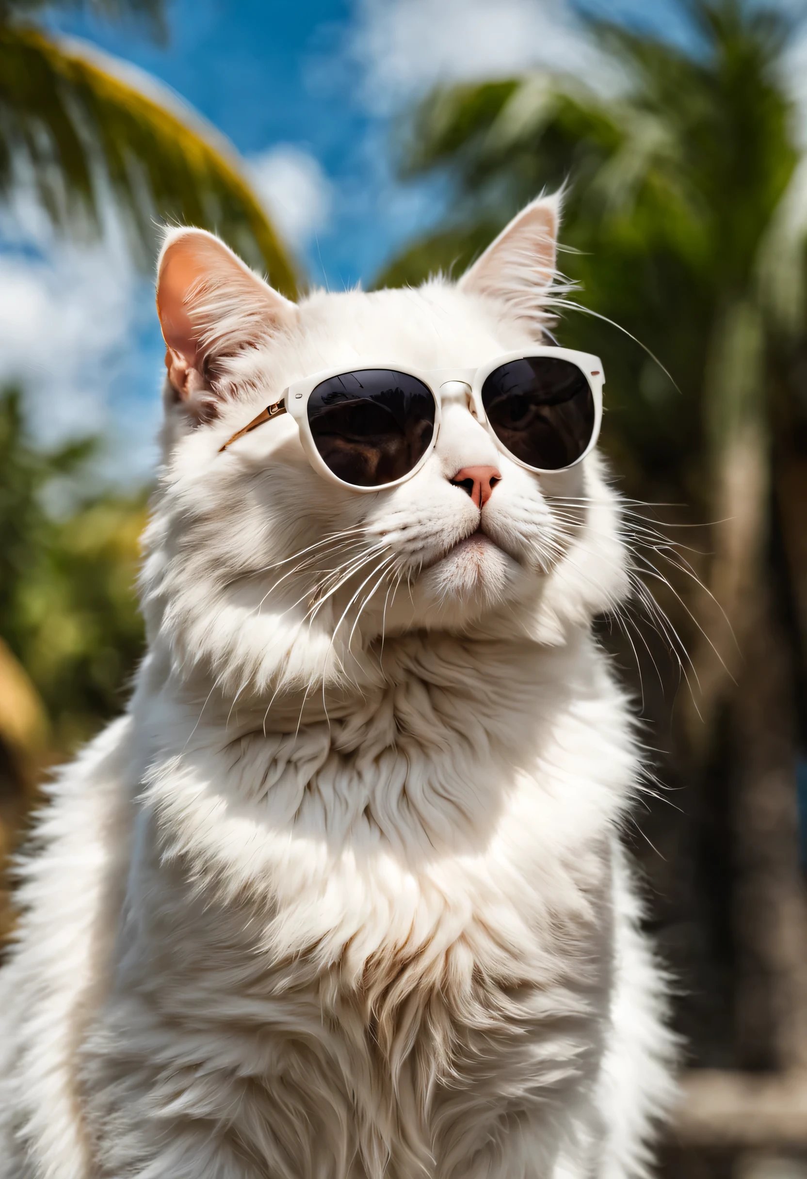 super detailed photo of cat wearing sunglasses under tropical sky, white cat,The hair on the body is all shiny,daytime,|photographic, Realism taken to extremes, fine texture, Extremely true, Work, large format camera, photorealism, SLR camera, 8K Ultra HD, high dynamic range, super detailed, high quality, high contrast