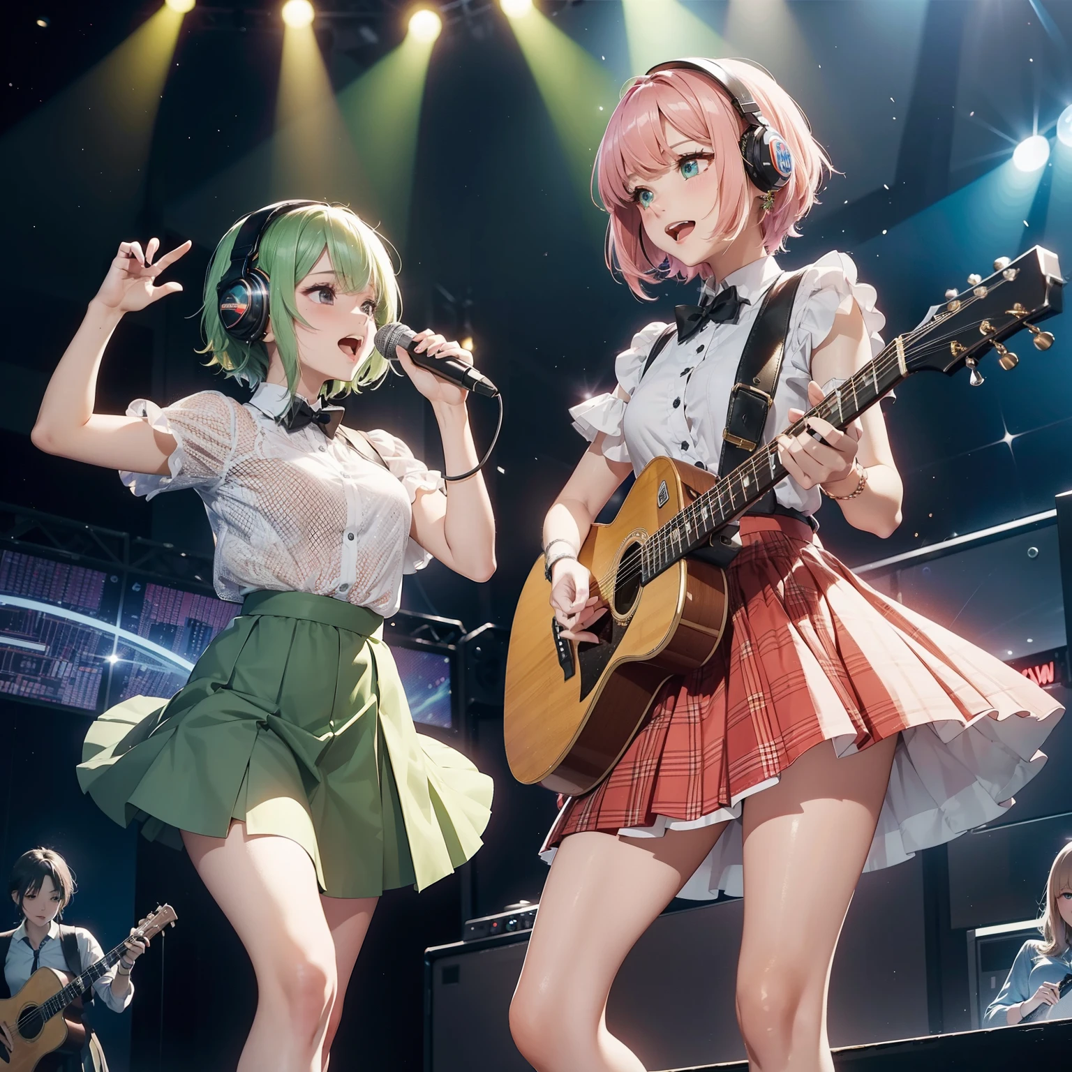 An idol singer with twin vocals and guitars of a transcendently cute beautiful girl with short green hair and a beautiful woman with long peach-colored hair in the background of outer space２People face to face, wearing headsets, singing and dancing cheerfully、Beautiful girl has bare feet in a flared skirt、Beautiful woman with fishnet stockings in tight skirt、、Very smooth hair，detailed hairs，Very fine hairs，Young shiny hair、(Raw photography、top-quality:1.5)、(realisitic、Photorealsitic:1.5)