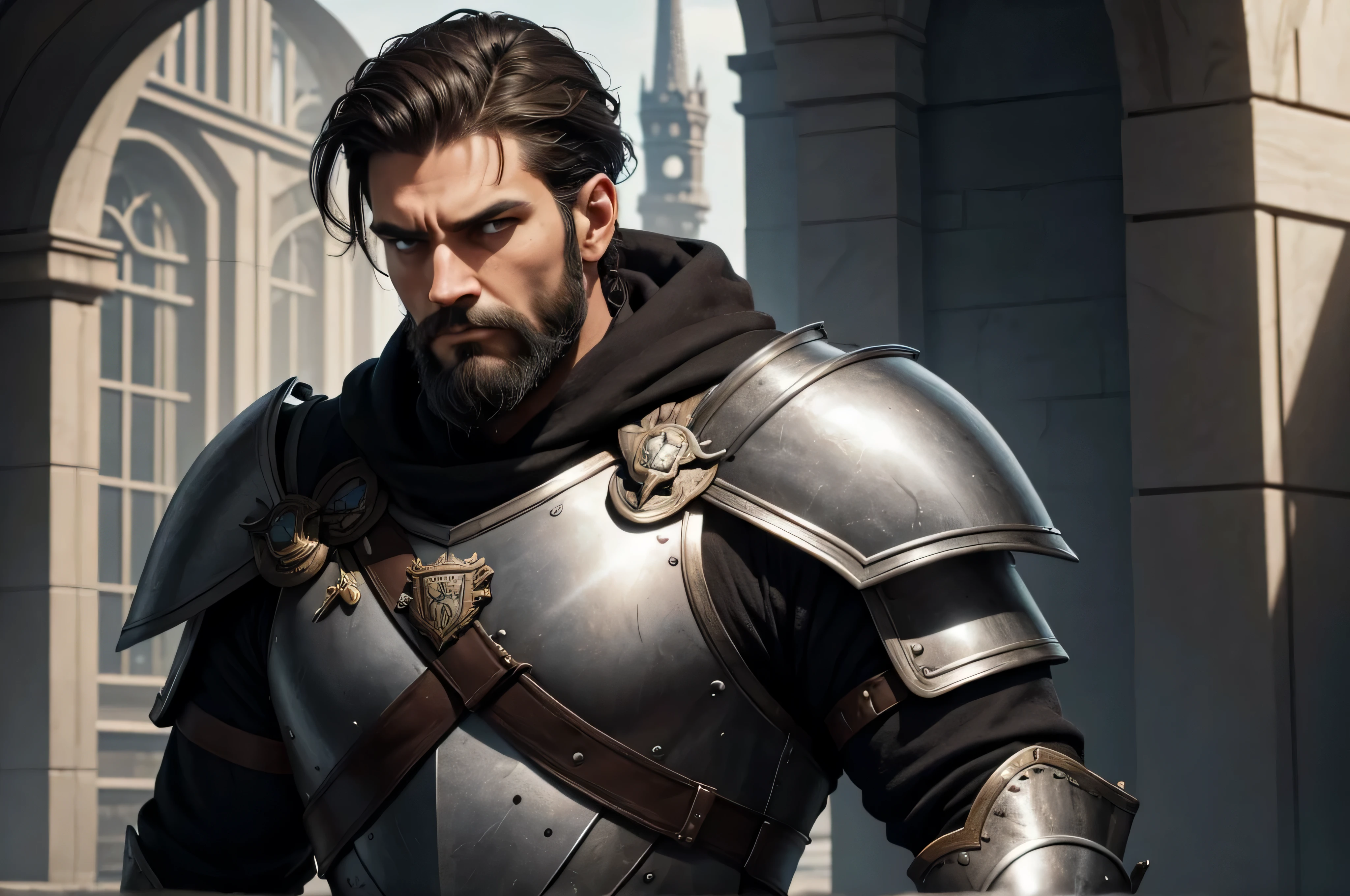 De forma alguma, homem imponente, with firm posture and piercing eyes that reflect his determination. Ele tem cabelos castanhos escuros, agora salpicado de cinza, encurtada, e uma barba bem cuidada que emoldura seu rosto anguloso. His expression is serious and reserved, but your eyes show a keen intelligence and deep experience. Ele usa armadura brilhante, adorned with the coat of arms of the Wisland city guard, e carrega uma espada longa, a symbol of your authority and skill in combat.