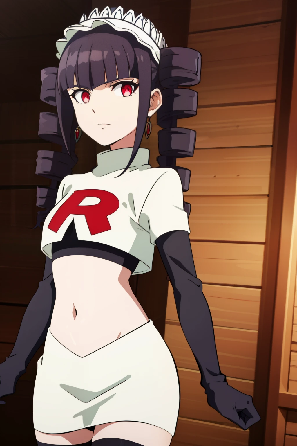 celestialudenberg, celestia ludenberg, long hair, bangs, black hair, (red eyes:1.3), long sleeves, twintails, drill hair, twin drills,
BREAK jewelry, earrings, bonnet, team rocket,team rocket uniform,white skirt,red letter R,crop top,black thigh-highs,black elbow gloves
BREAK looking at viewer, (cowboy shot:1.5),
BREAK (masterpiece:1.2), best quality, high resolution, unity 8k wallpaper, (illustration:0.8), (beautiful detailed eyes:1.6), extremely detailed face, perfect lighting, extremely detailed CG, (perfect hands, perfect anatomy),