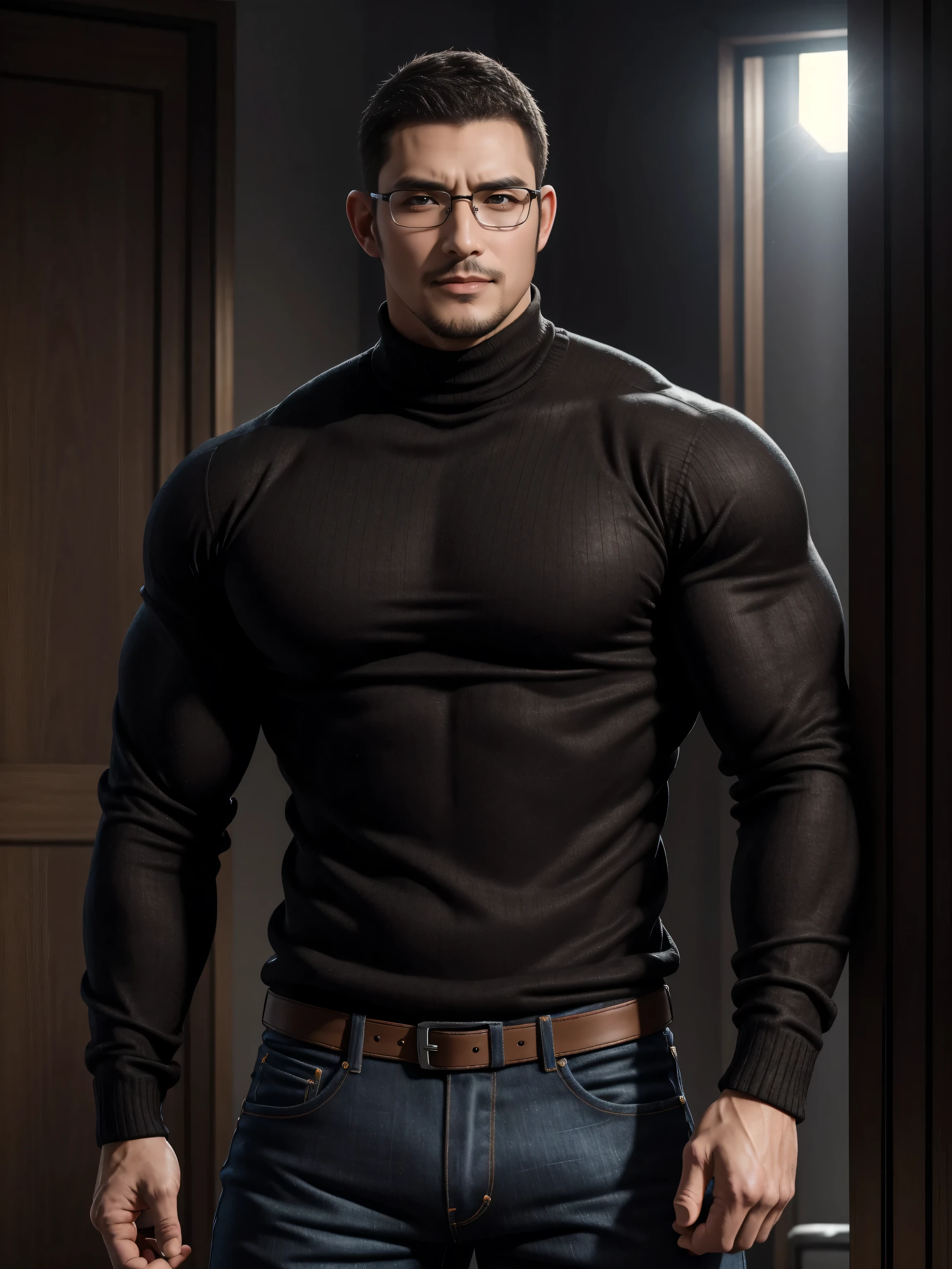 Tall giant muscular 肌肉男，Black-rimmed glasses，Brown and gray turtleneck tight long-sleeved sweater，Elastic and firm texture，jeans，character concept（Resident Evil - chris redfield，chris redfield）Smile is warm and charming，Deep and charming eyes，heroic male pose，高大burly，muscular！muscular大腿，tough guy，perfect facial features，High, burly, Heqiang，  Super gain and cool， high resolution committee，Charming strong man，The bright sunshine is shining on you