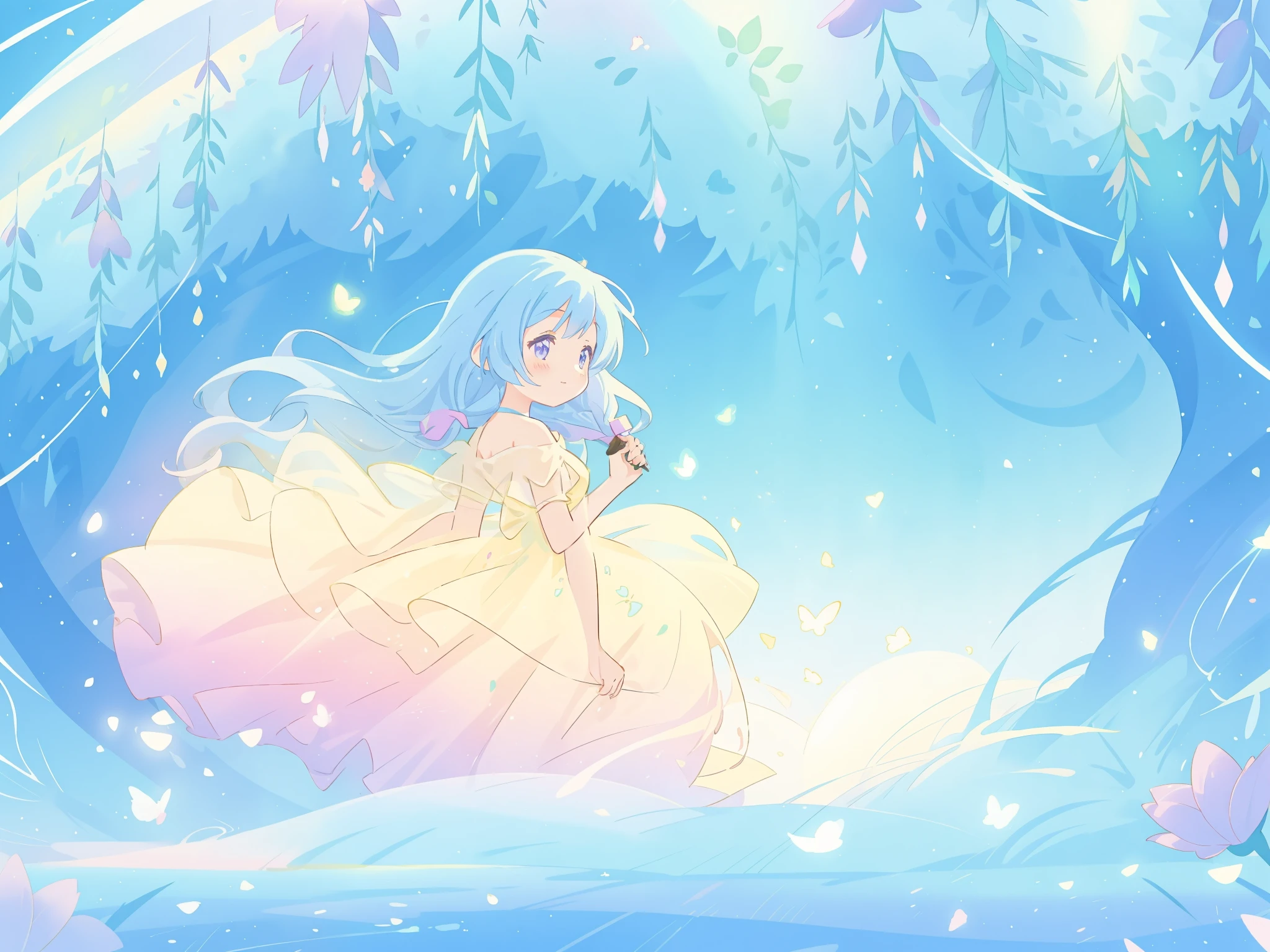 beautiful girl in yellow mint gradient flowing dress, long flowing blue purple hair, colorful fantasia background, watercolor illustration, disney art style, glowing aura around her, glowing lights, beautiful digital illustration, fantasia otherworldly landscape plants flowers, beautiful, masterpiece, best quality, anime disney style